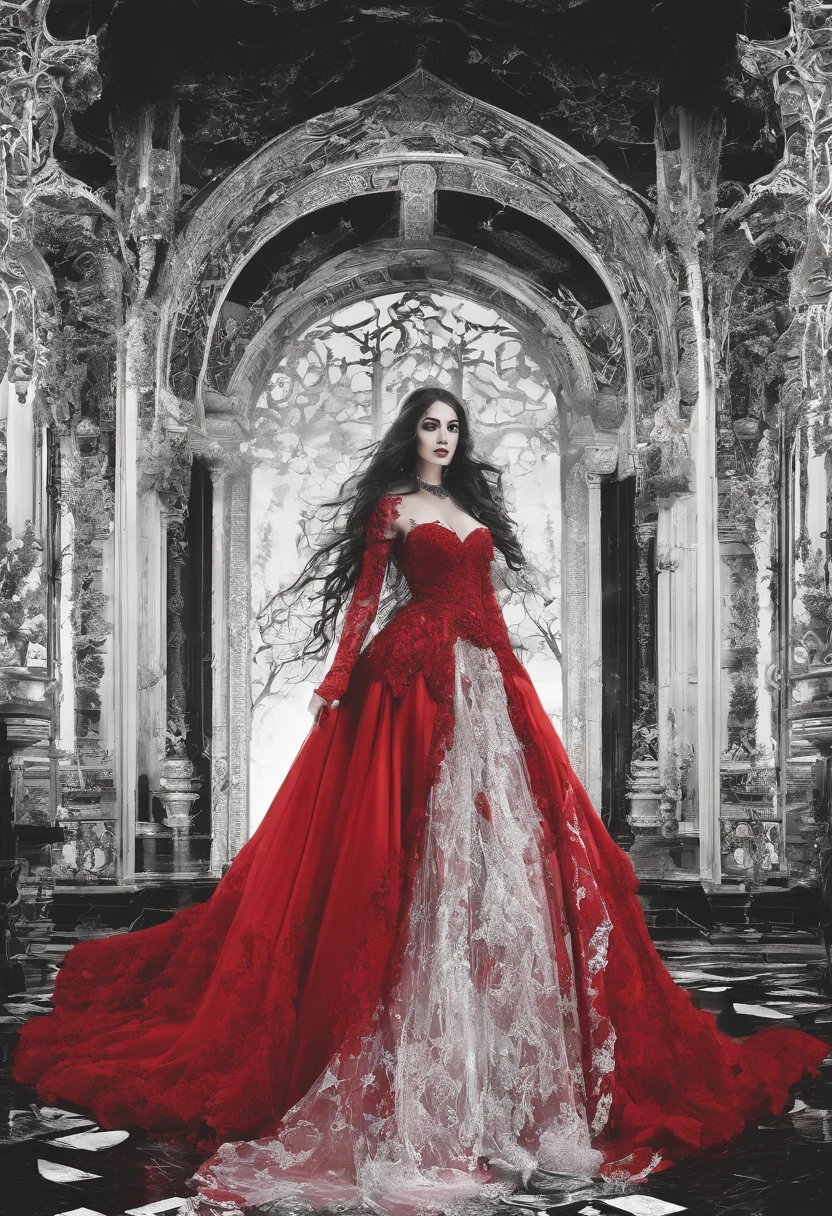 Photograph of the process that takes place in the text-to-image software with artificial intelligence in the first moments of generation.Beautiful woman in crimson dress、Red highlights on black hair、Long straight hair、sharp eye、Red Eyes、Red Eyeliner、red-lips、Staring at me、ssmile、Full body projection、Dancing figures