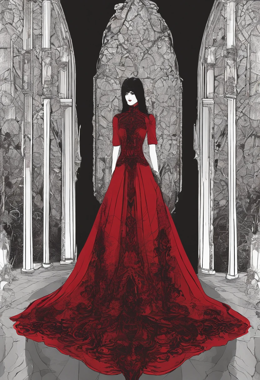 Photograph of the process that takes place in the text-to-image software with artificial intelligence in the first moments of generation.Beautiful woman in crimson dress、Red highlights on black hair、Long straight hair、sharp eye、Red Eyes、Red Eyeliner、red-lips、Staring at me、ssmile、Full body projection、Dancing figures