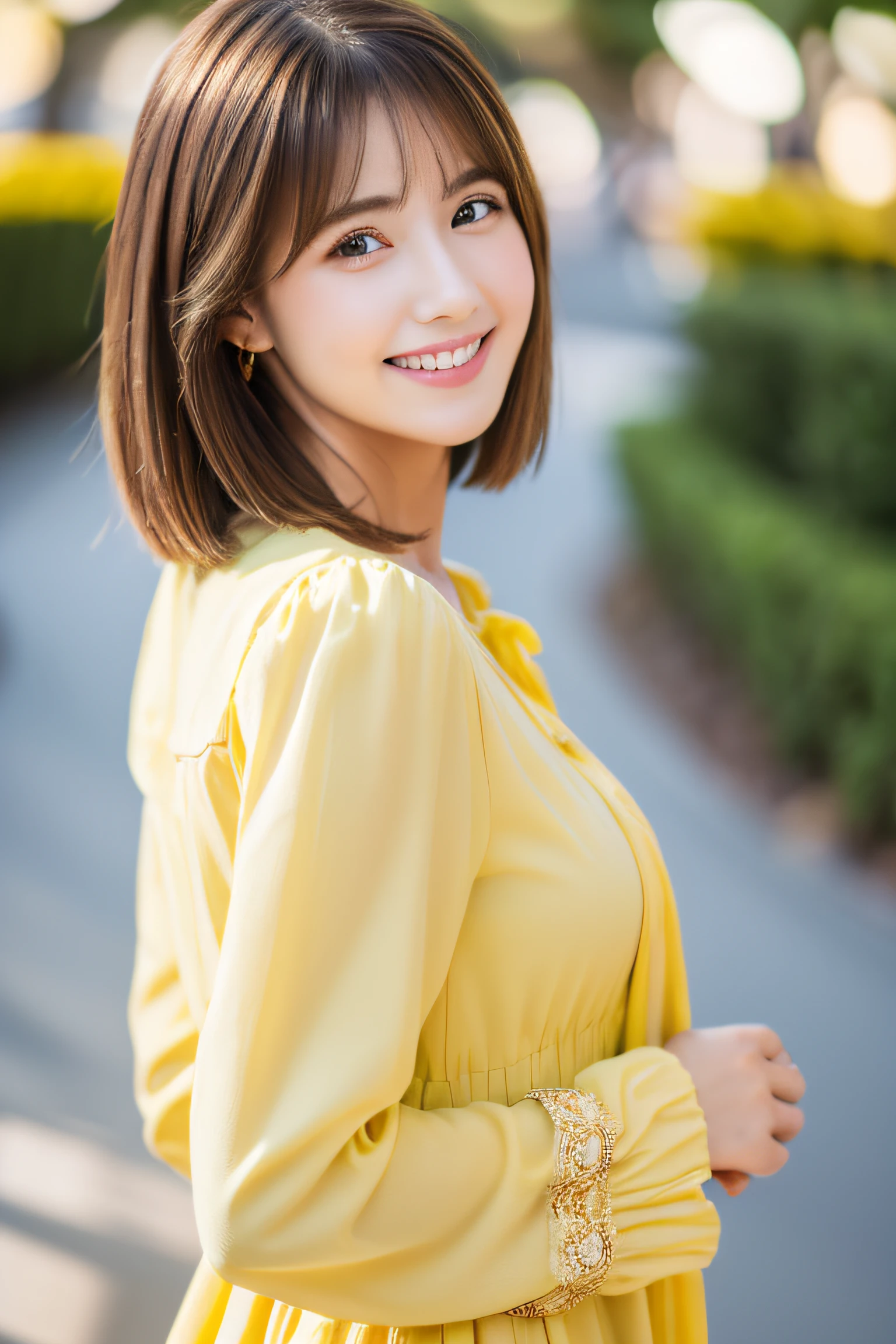 ((top-quality、masterpiece)), Facing the front, Woman in yellow long-sleeved dress with open chest, Wearing a white inner shirt, Brown hair, short-haired, a smile, in 8K, 85mm, Raw photo, Bokeh background, Five fingers each