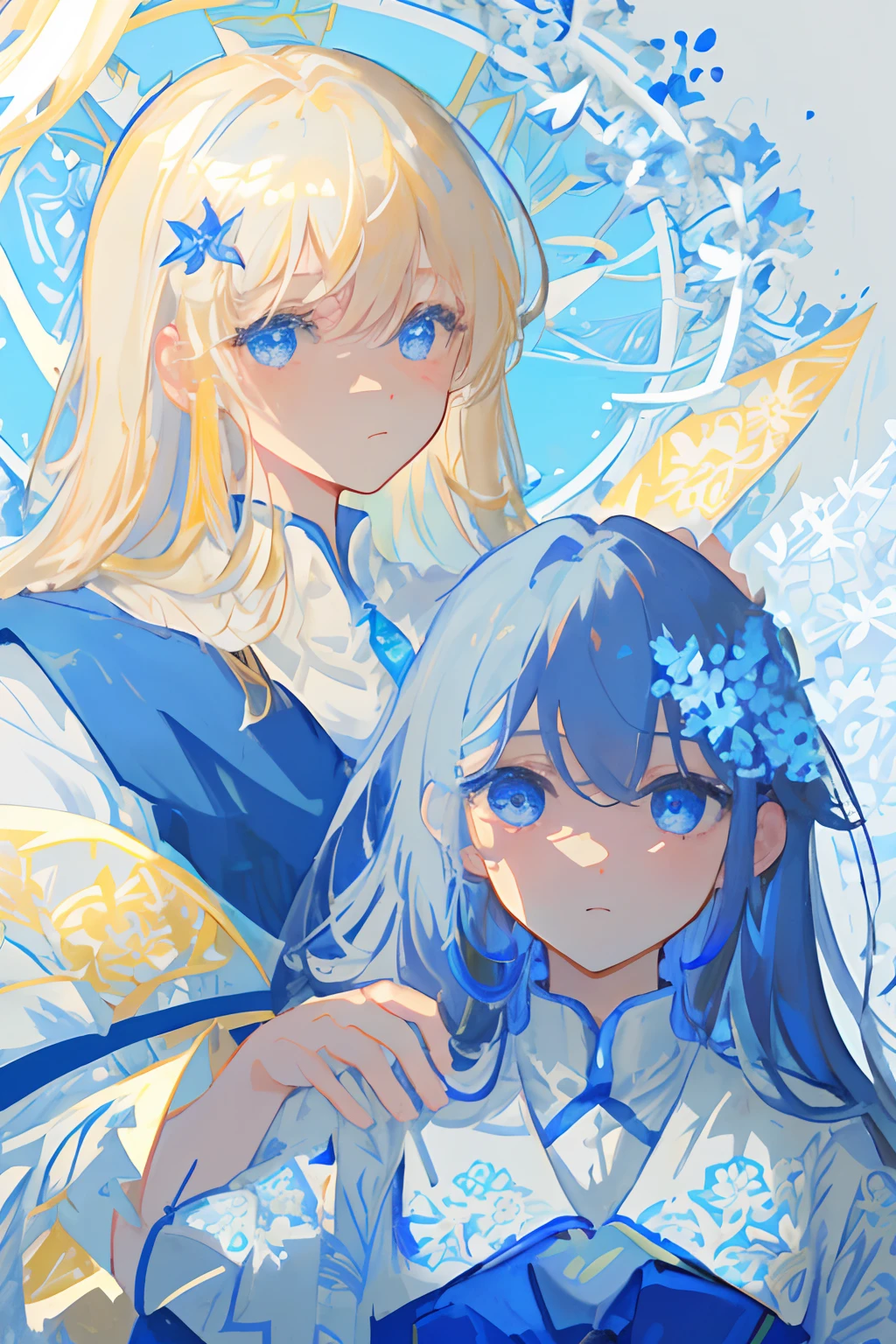 masterpiece、top-quality、ultra-detailliert、illustratio、gros-plan、frontage、Face Focus、2 boys、Light blue long hair、One small golden floral ornament、blue eyess、cold face、white shirt、looking at the viewers