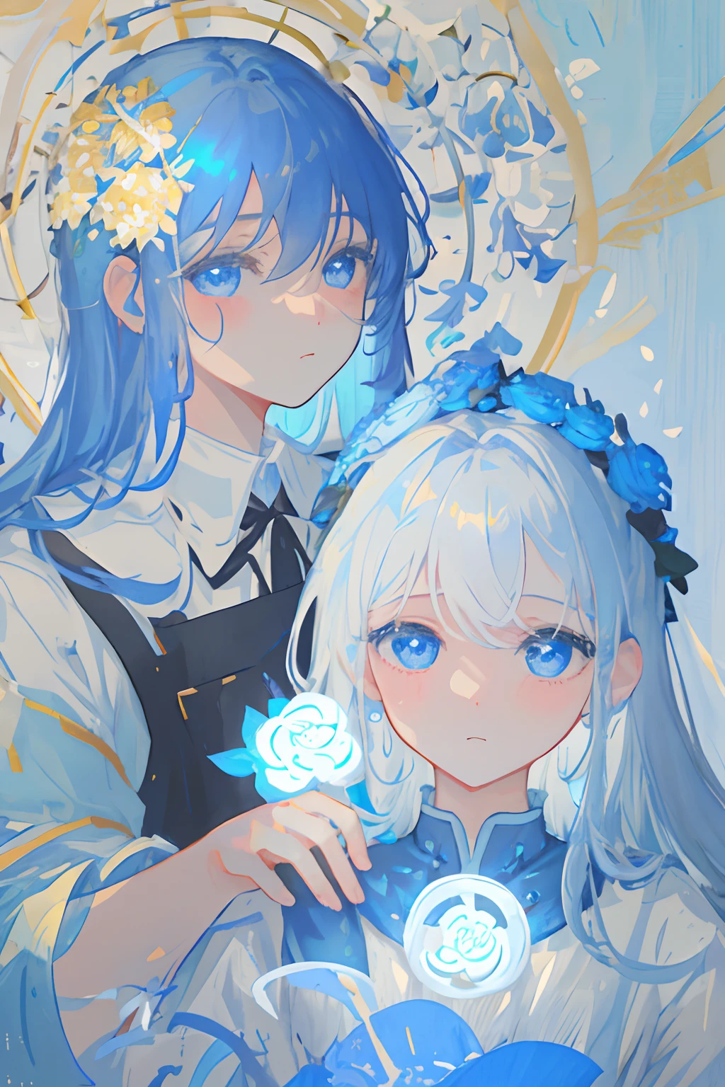 masterpiece、top-quality、ultra-detailliert、illustratio、gros-plan、frontage、Face Focus、2 boys、Light blue long hair、One small golden floral ornament、blue eyess、cold face、white shirt、looking at the viewers