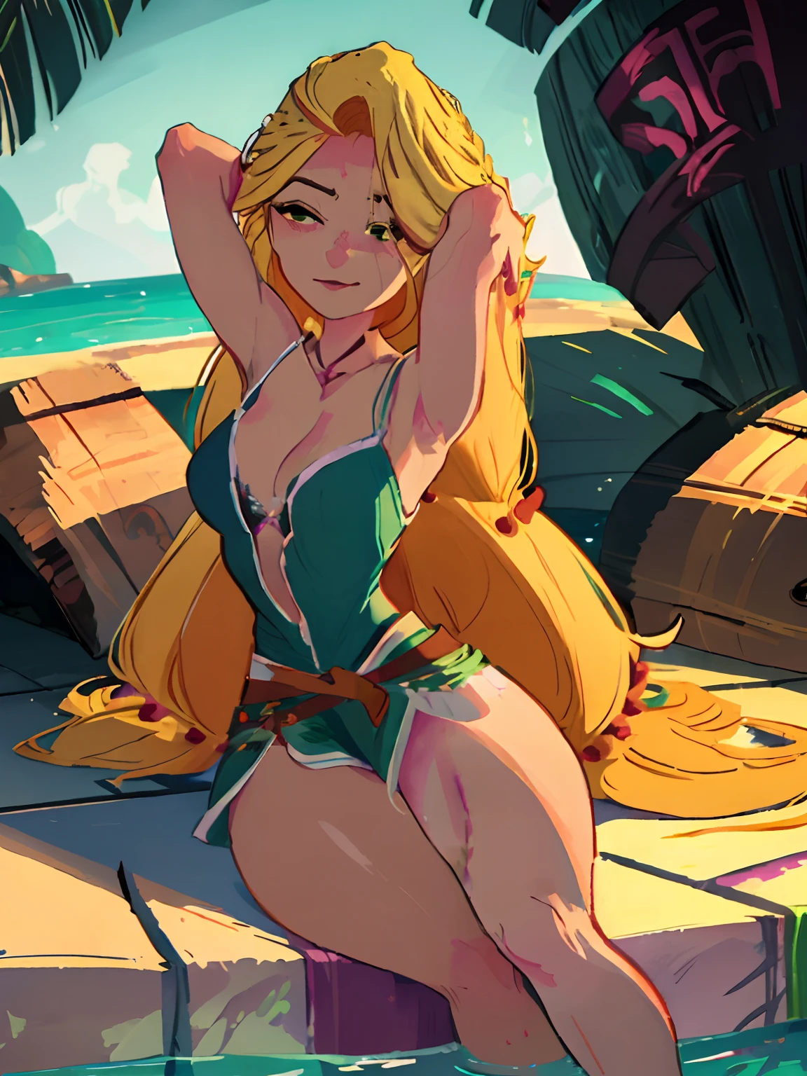 (masterpiece, best quality, high resolution: 1.5) rapunzel, relaxing on her back, laying in pool, green island outfit, (loose hair: 1.7), wet skin, great smile, green eyes, arms laid at Rapunzel's side, slender legs, slender arms, vivid colors