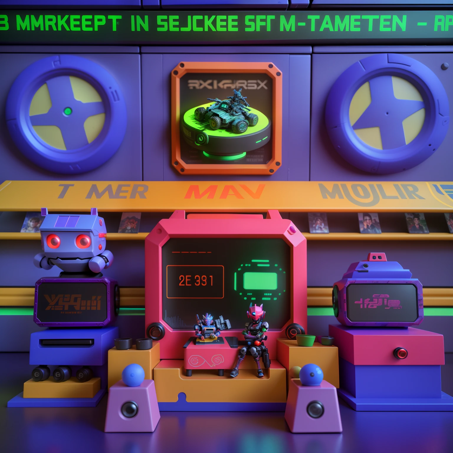 there is a toy robot that is sitting on a table, Album art, Market, 3d marketplace, cyberpunk marketplace, MarketaB, 8 a.m, lofi album art, cyberpunk marketplace, the vibrant echoes of the market, 5 e, 3 1, album covers, 4D, 4 d, various artists, theme is cyberpunk city market