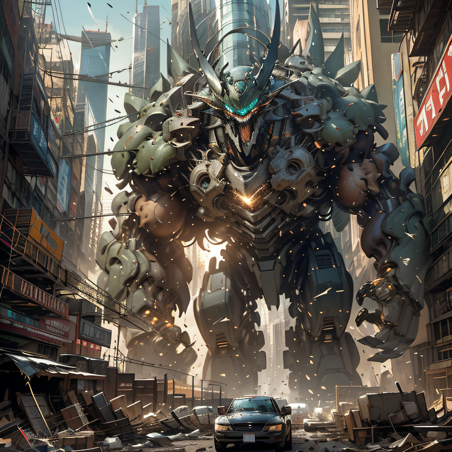 masterpiece, best quality, mecha, no humans, black armor, blue eyes, science fiction, fire, laser canon beam, war, conflict, destroyed city background, <lora:Niji:1:MIDD>
