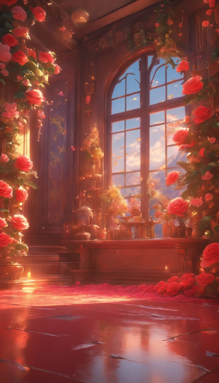 (Best quality, 32K resolution, High-res, Ultra-detailed, Photorealistic，Finely depicted details), The engine of Unreal 5, Gorgeous room，The floor is covered with a large number of flowers, romantic motifs, Rose making portal, MajesticBackdrops, floral environment, Beautiful scenery, Flower beds on the floor, wallpaper aesthetic, E-commerce live room background，Hyper-realistic rendering, Exquisite composition, Breathtaking wallpapers, stunning  visuals, Landscape wallpaper aesthetics, fundo vermelho, red reflections, C4D render, top notch quality, RAW photo"