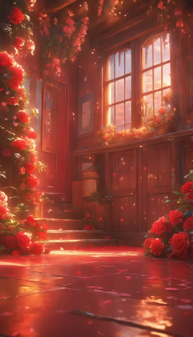 (Best quality, 32K resolution, High-res, Ultra-detailed, Photorealistic,Finely depicted details), The engine of Unreal 5, Gorgeous room,The floor is covered with a large number of flowers, romantic motifs, Rose making portal, MajesticBackdrops, floral environment, Beautiful scenery, Flower beds on the floor, wallpaper aesthetic, E-commerce live room background,Hyper-realistic rendering, Exquisite composition, Breathtaking wallpapers, stunning visuals, Landscape wallpaper aesthetics, fundo vermelho, red reflections, C4D render, top notch quality, RAW photo"