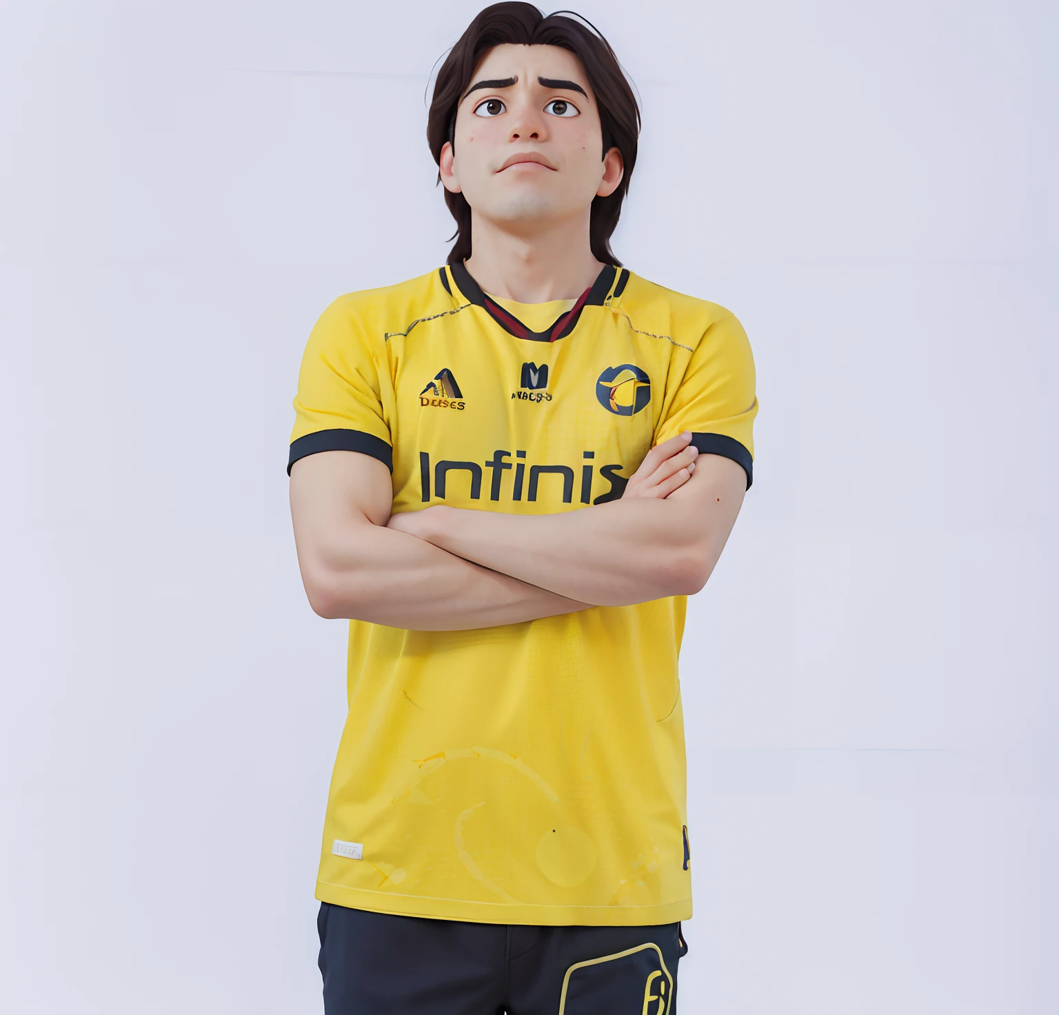 1 boy with Disney Pixar style , hairstyle in yellow shirt standing with hands folded, e-sport style,mid shot potrait, professional sports style,handsome