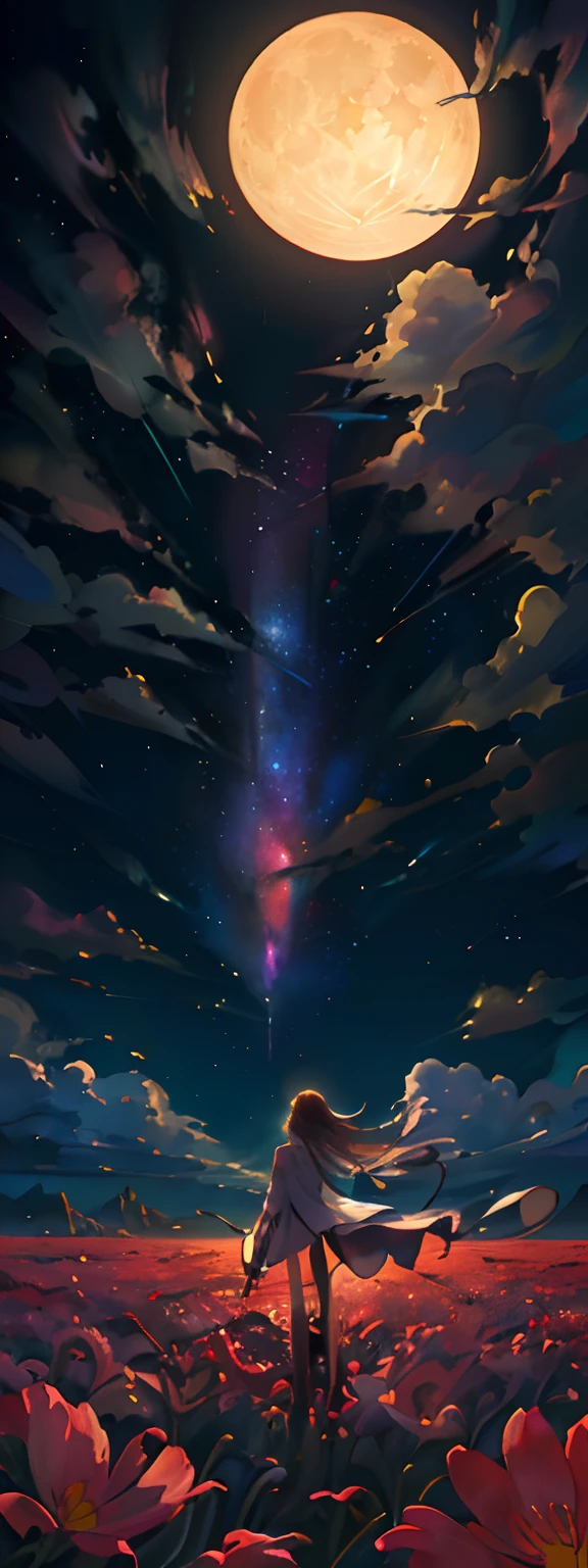Anime girl in a flower field，The background is the full moon。, Cosmos Sky. By Makoto Shinkai, space sky, Night sky; 8K, Anime art wallpaper 4k, Anime art wallpaper 4 K, Anime art wallpaper 8 K, Starry Sky 8 K, Starry sky, Cosmos Sky, galaxy in the sky, starrysky, anime backgrounds