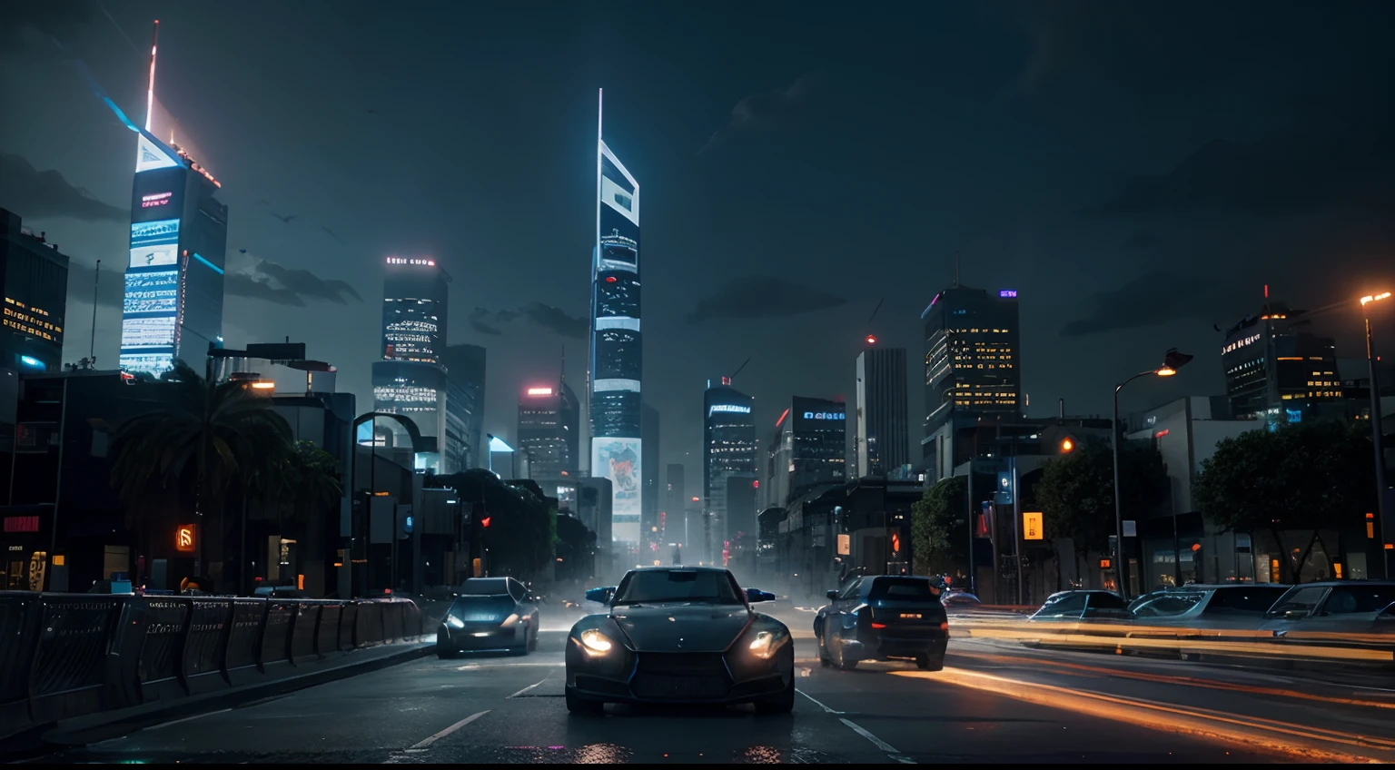 A bustling, neon-lit futuristic cityscape, featuring flying cars, holographic advertisements, and towering skyscrapers. The city is built on top of a dystopian wasteland, giving a stark contrast between the sleek, advanced technology and the desolate surroundings. The city is bathed in a dramatic, purple and blue lighting, creating a sense of tension and mystery. The level of detail is hyper-realistic, showcasing the intricate designs and textures of the buildings and vehicles