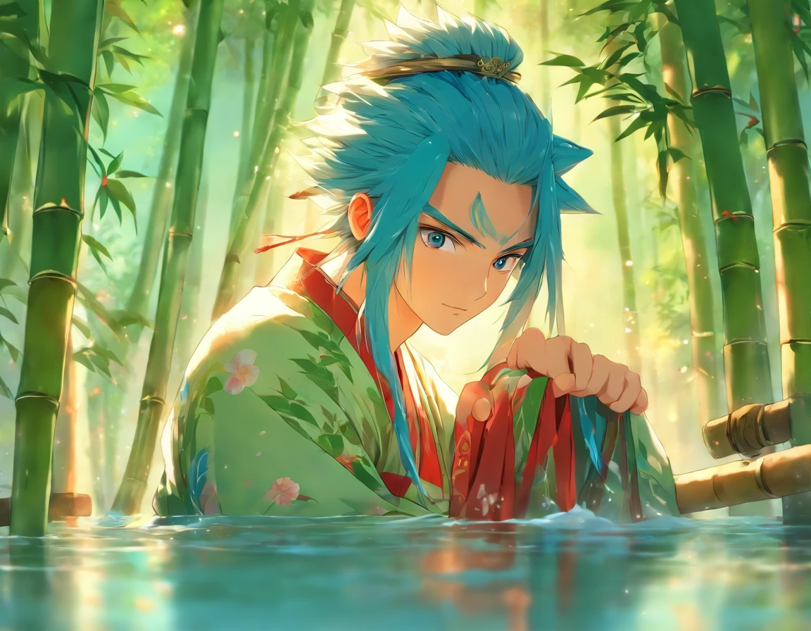 Masterpiece, best quality, official art, 8k wallpaper, very detailed, illustration, 1 boy, chinese style, ink, sky blue hair, long hair, detailed eyes, forrest fun, bare shoulders, hanfu, lake, pure, soft smile, bamboo, tea