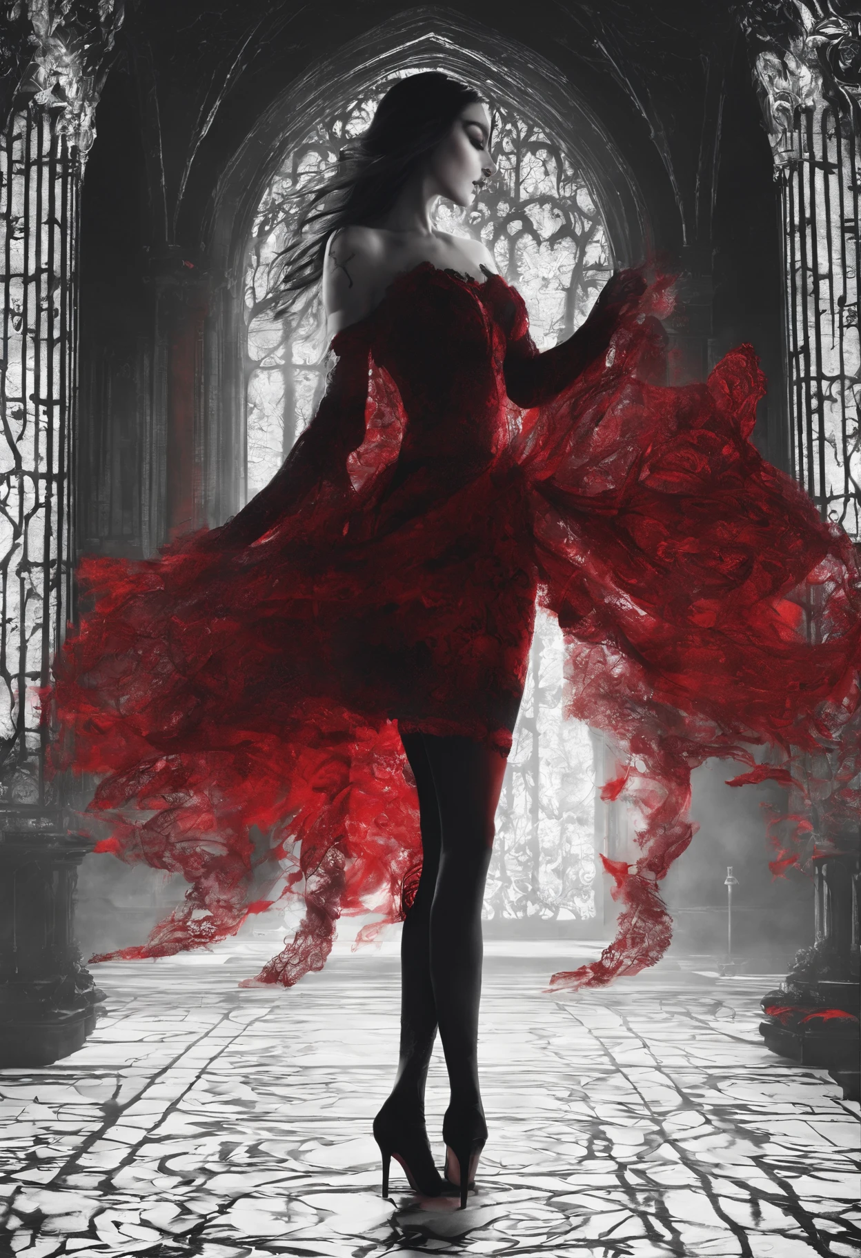 Photograph of the process that takes place in the text-to-image software with artificial intelligence in the first moments of generation.Beautiful woman in the back in a crimson dress、Red highlights on black hair、Long straight hair、Full body projection、Dancing like dancing