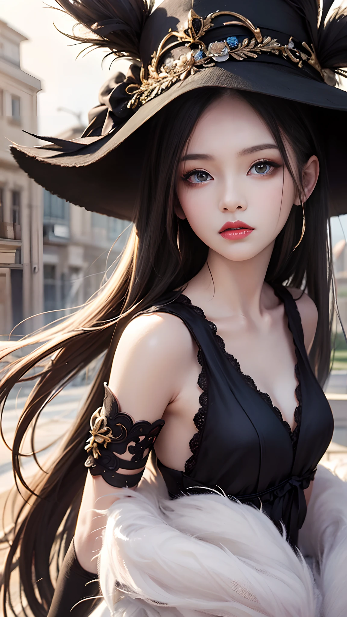 Drawing a woman with long hair and a feather hat, detailed portrait of anime girl, portrait anime girl, Artgerm. High detail, stunning anime face portrait, small breasts, digital anime art, art germ. Anime illustration, detailed digital anime art, anime girl portrait, Guvez style artwork, black clothing, realistic digital art 4k, realistic digital art 4k, realistic, aesthetic.