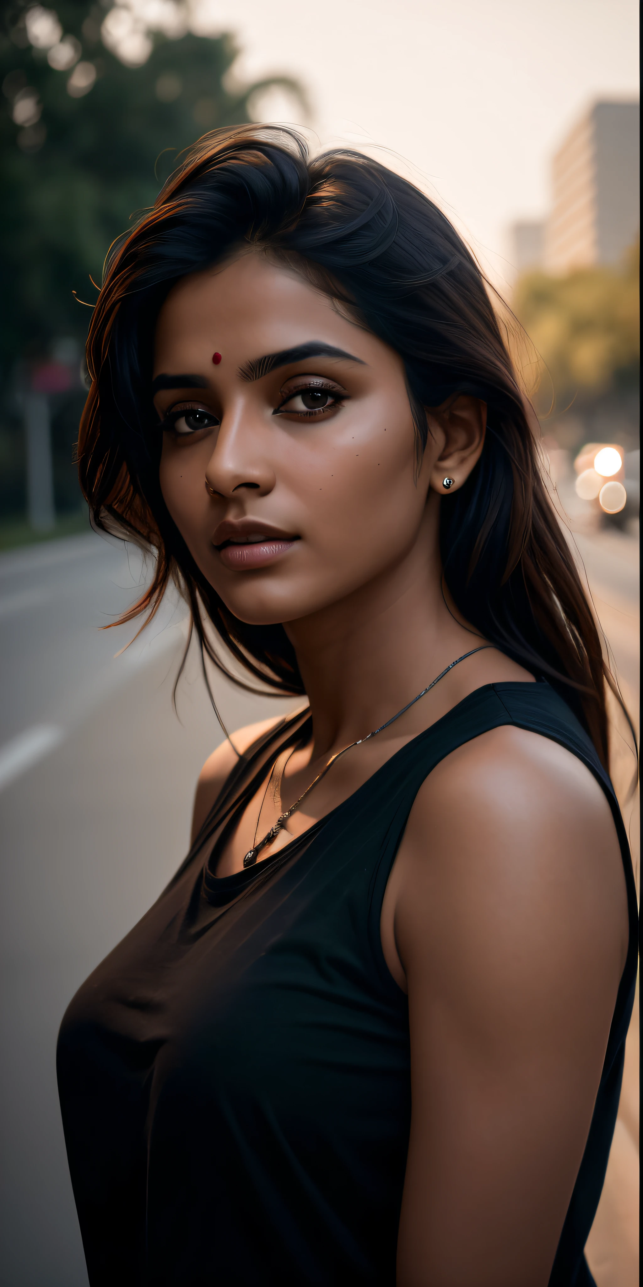 beautiful mature Indian college girl, in black basic round neck Teeshirt with skinny jeans, outside on road, traffic, buildings, firm breasts, photorealistic, photo, masterpiece, realistic, realism, photorealism, high contrast, photorealistic digital art trending on Artstation 8k HD high definition detailed realistic, detailed, skin texture, hyper detailed, realistic skin texture, armature, best quality, ultra high res, (photorealistic:1.4),, high resolution, detailed, raw photo, sharp re, by lee jeffries nikon d850 film stock photograph 4 kodak portra 400 camera f1.6 lens rich colors hyper realistic lifelike texture dramatic lighting unrealengine trending on artstation cinestill 800,