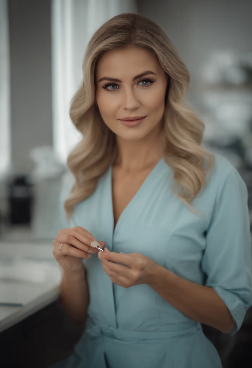 a beautiful woman in the cosmetologist's office, he holds a pair of tweezers in his hand,  professional, (4k photo:1.1), high detail, wearing azure dress, beautiful detailed face, hazel eyes, short blonde hair, body shape, massage table, windows