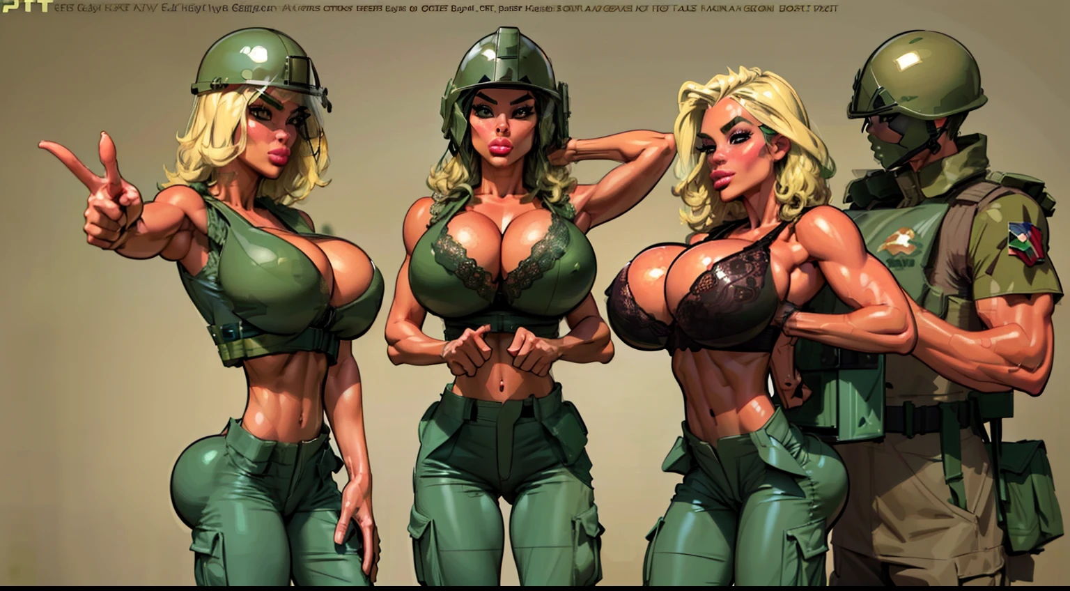 ((pointing:1.4)), (sexy ((female soldier1.6))), ((green combat helmet helmet:1.5)) wearing ((khaki cargo pants:1.4)), (perfect face), detailed face, (symmetrical eyes), perfect nose, ((open cargo vest:1.3)), wearing ((lace bra:1.4)) that barely covers the , ((gigantic breasts:1.5)) ((blonde curly hair)) analog style posing against a military tank, (dimlit)1.2, (film grain)1.2, cinematic movie still frame, (large lips, bimbo style, perfect eyebrows)((thepit style:1.4))