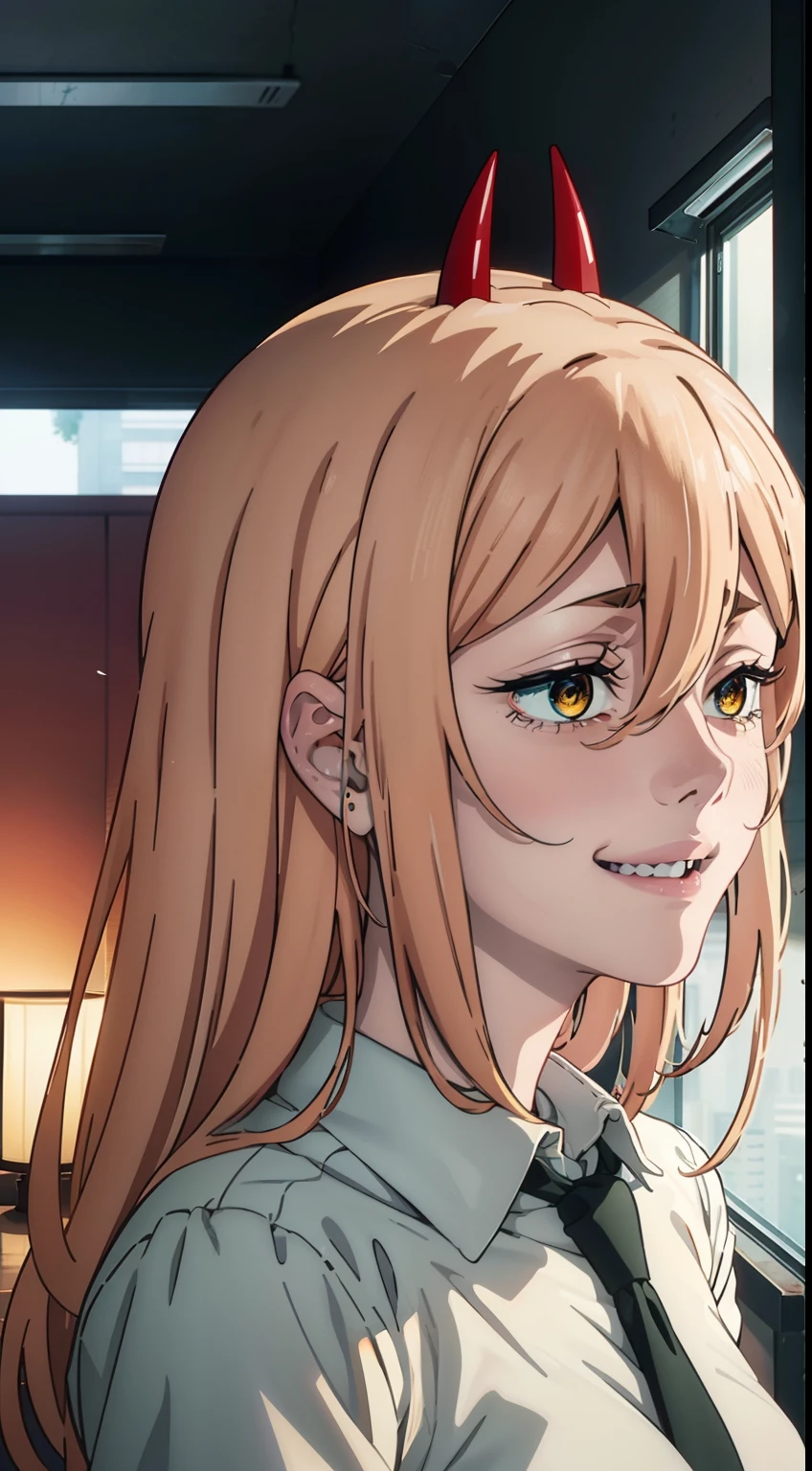 Crazy laughter, laughting, smilling, blonde, Pink_Hair, dangerous,vivid eyes,Yellow eyes, Odin, roof, Mesmerizing eyes,Confident,superior, naughty, LAUGHTER BREAK (power \(chainsaw man\),), back light, glowing eyes, an artistic, wallpapers, black necktie, (Sensual),Happy, BREAK Intimate, Digital Art, High Details, contemporary, Intricate, (a perfect face), Traced lights, BREAK superior,Cinematic, absurdes, white  shirt, City, red horns, Energy from a chainsaw, Red horns on the head, Anime girl with a smile, detailed digital anime art, Cool anime 8K, Clean and detailed anime art, Gouveyz on Pixiv ArtStation, 4K Manga Wallpapers, Guweiz in Artstation Pixiv, Подробный портрет Anime Girl, Anime 4K Style, Anime Art Wallpapers 4K, Anime Art Wallpaper 4K Masterpiece, Gorgeous, Best Quality,