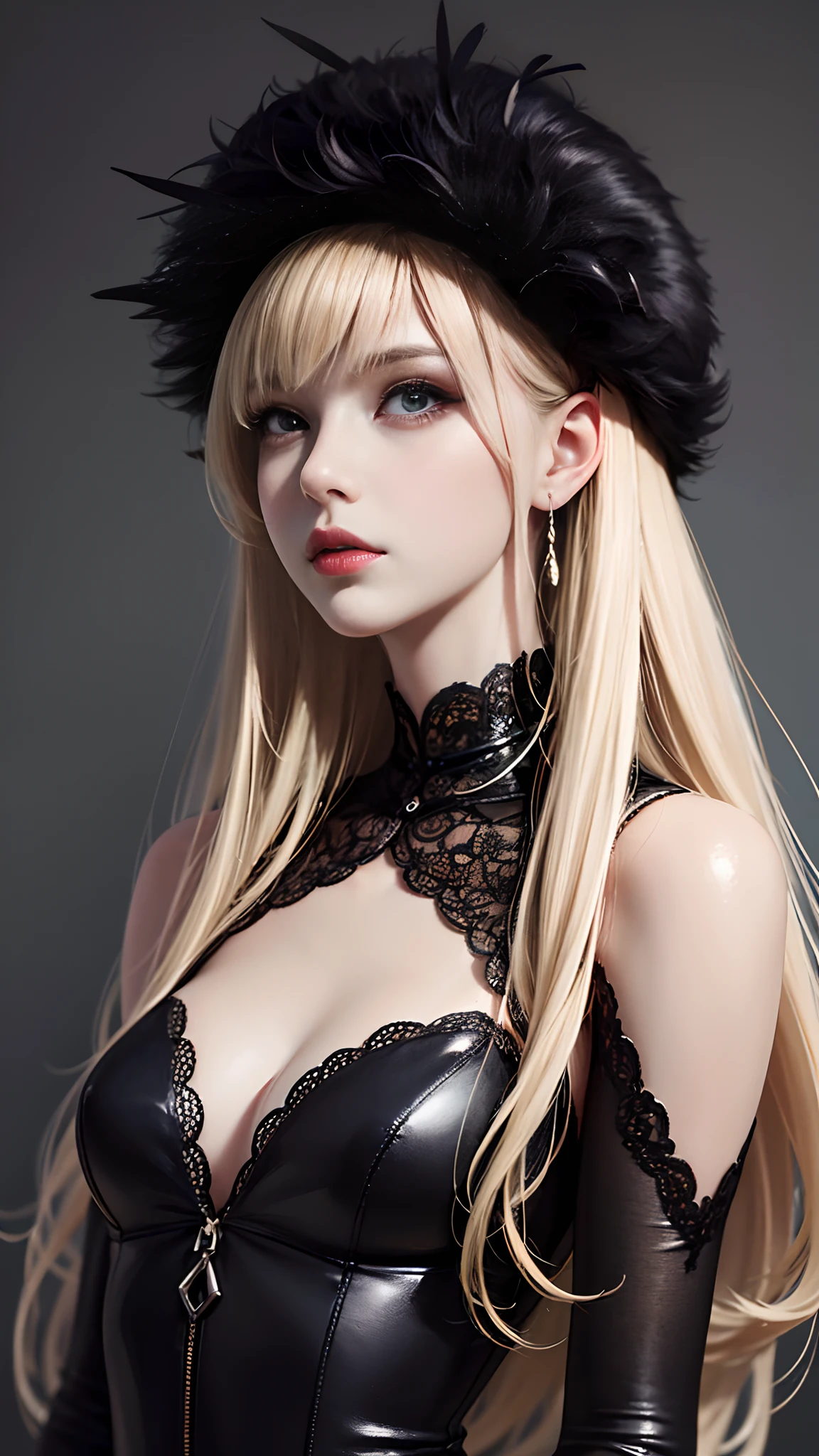 Drawing a woman with long hair and a feather hat, detailed portrait of anime girl, portrait anime girl, Artgerm. High detail, stunning anime face portrait, small breasts, digital anime art, art germ. Anime illustration, detailed digital anime art, anime girl portrait, Guvez style artwork, black clothing, realistic digital art 4k, realistic digital art 4k, realistic, aesthetic.