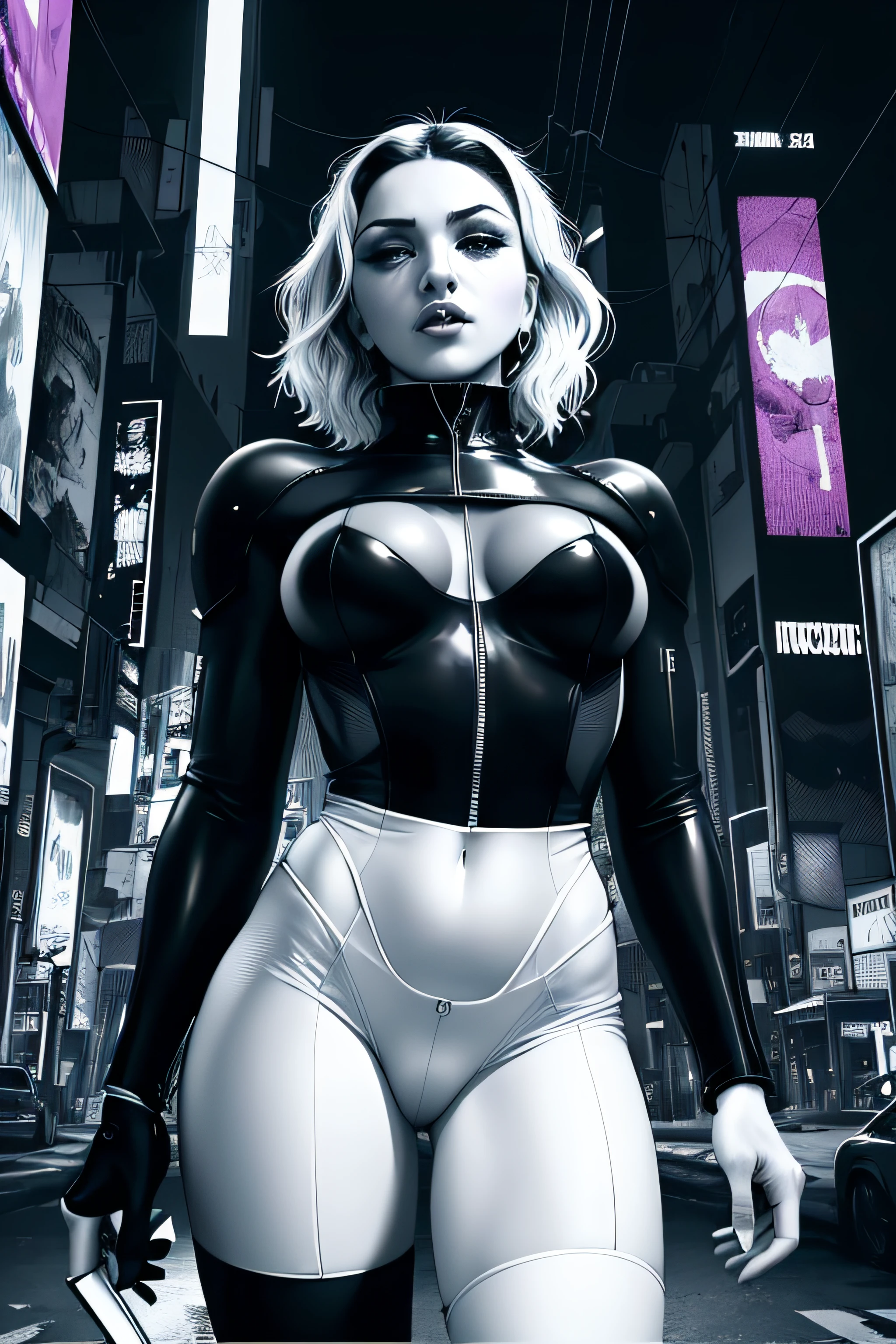 Madonna | CORPO INTEIRO | Master piece, highes definition | ALTOS DETALHES | ALTO CONTRASTE | Preto e Branco, COMICS Trace | CORPO INTEIRO | white minimum suit | cidade cyberpunk, Max Resolution | Arte vetorial | UHD, HDR, 8k