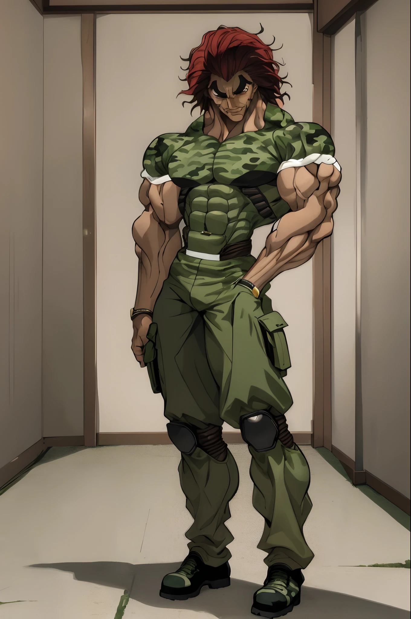 High quality, (Beautiful), ((masterpiece)),vibrant colors, YujiroHanma, 1boy, male focus, solo, (((tactical gear, camouflage uniform, combat boots, tactical vest, tactical gloves, utility belt, knee and elbow pads, holstered sidearm, ))), muscular male, red hair, manly, veins, pupils, brown eyes,smile, looking at viewer,((full body)),
