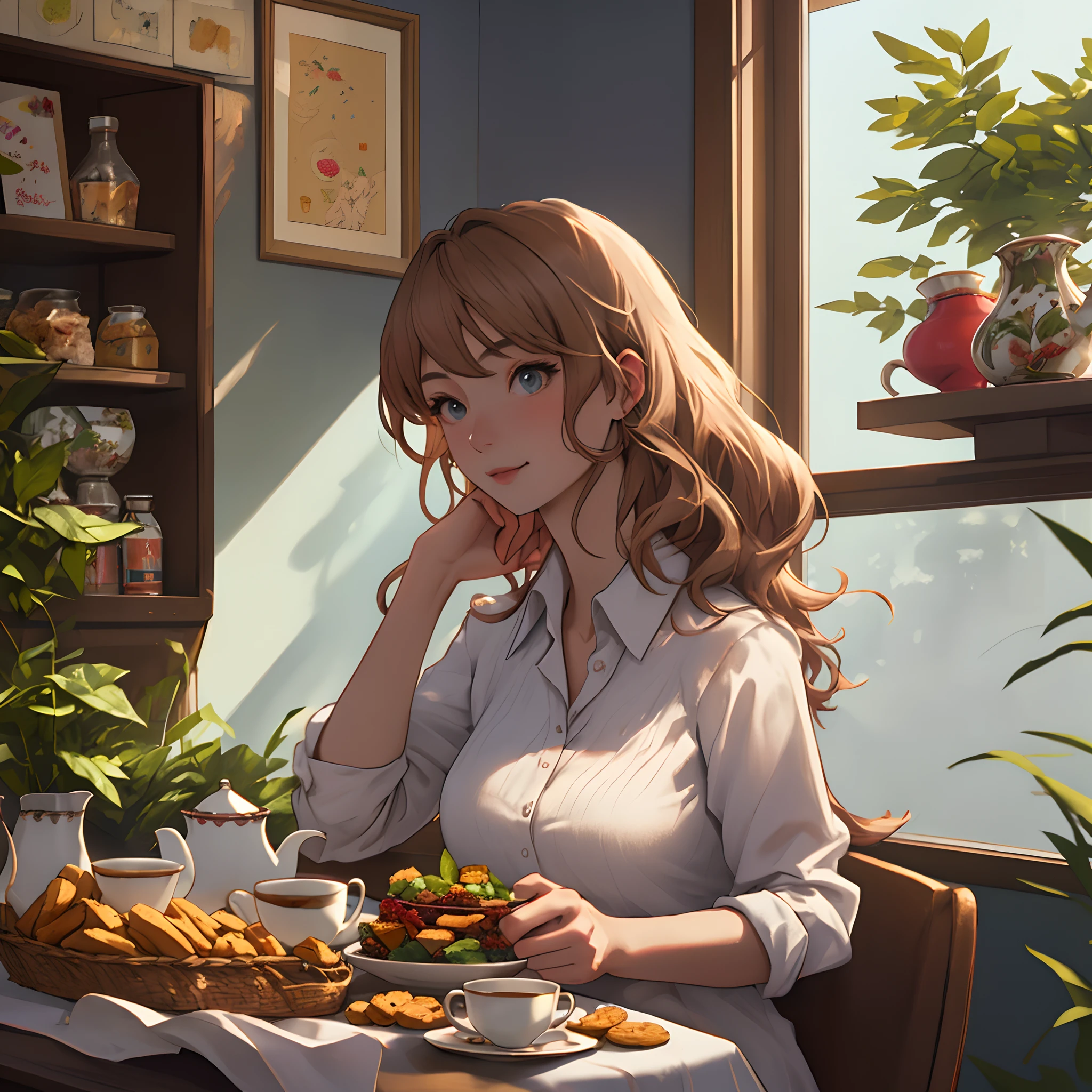 A beautiful woman sits by the window,holding tea,Snacks on the table,8K high-definition