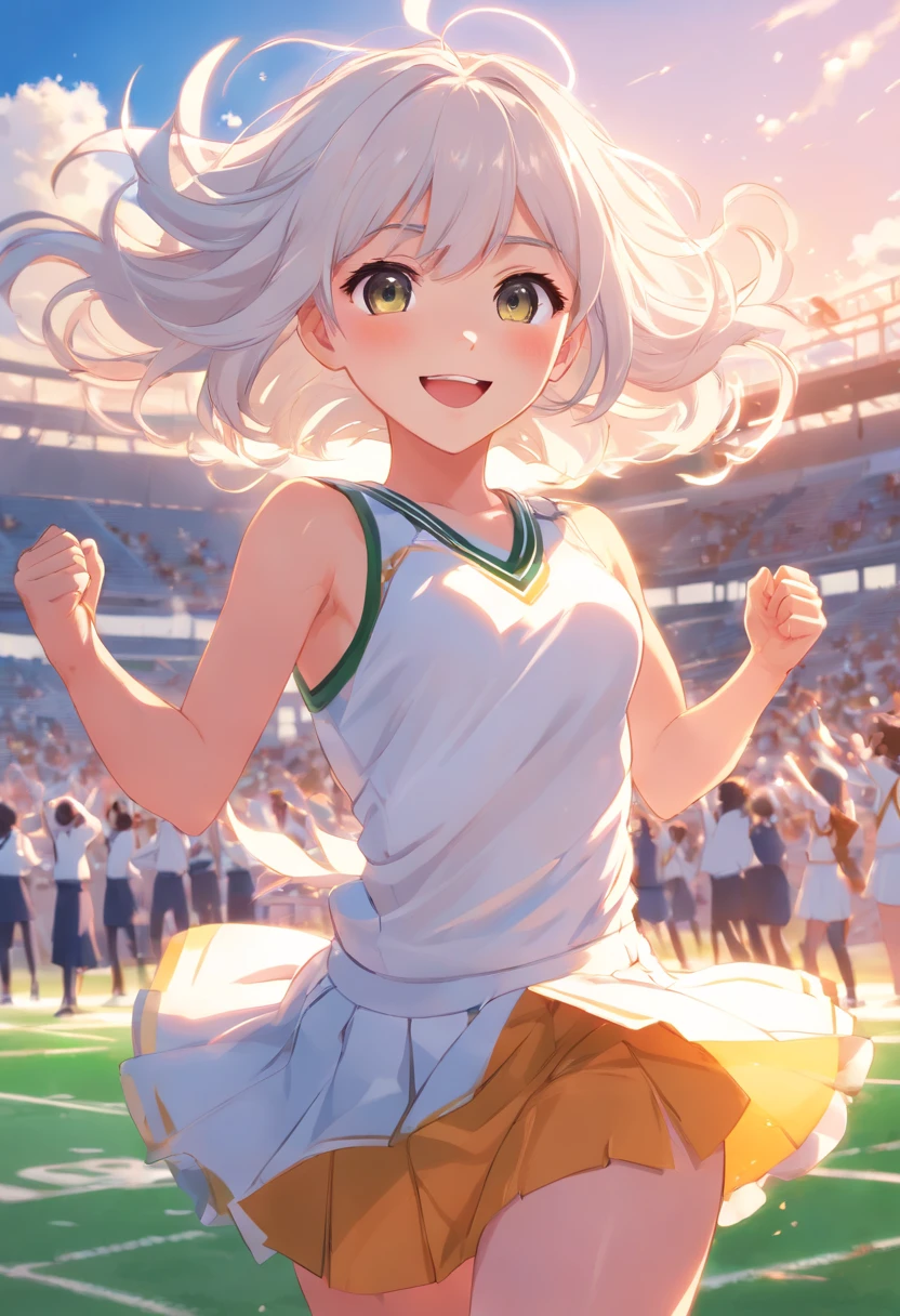 1 girl, college aged, cheer leading, field day, Wearing a white cheerleading dress, School Field, Happy、White hair、Longhaire、Hair is raging、a smile