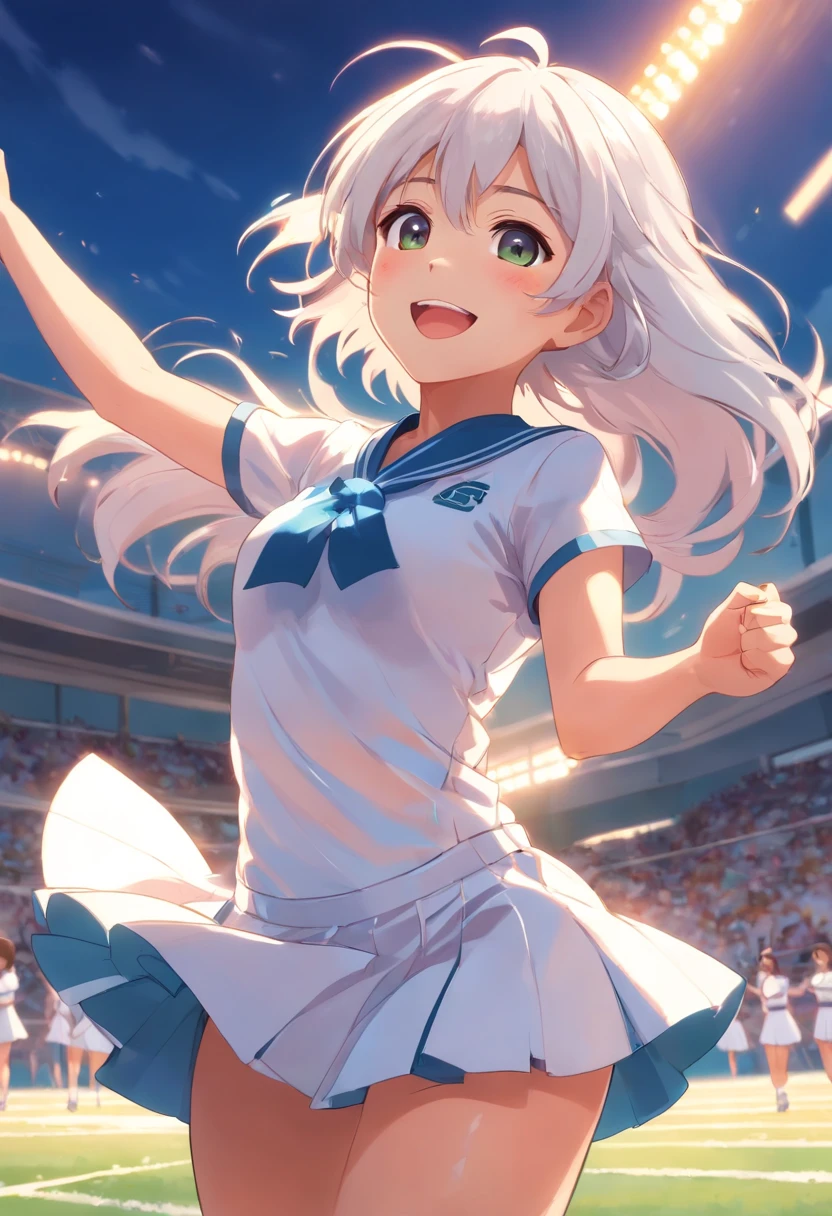 1 girl, college aged, cheer leading, field day, Wearing a white cheerleading dress, School Field, Happy、White hair、Longhaire、Hair is ragged、a smile、I'm rooting for you、Long white hair、White hair、Hair is fluttering、Blue headband、(Have a pom-pom)