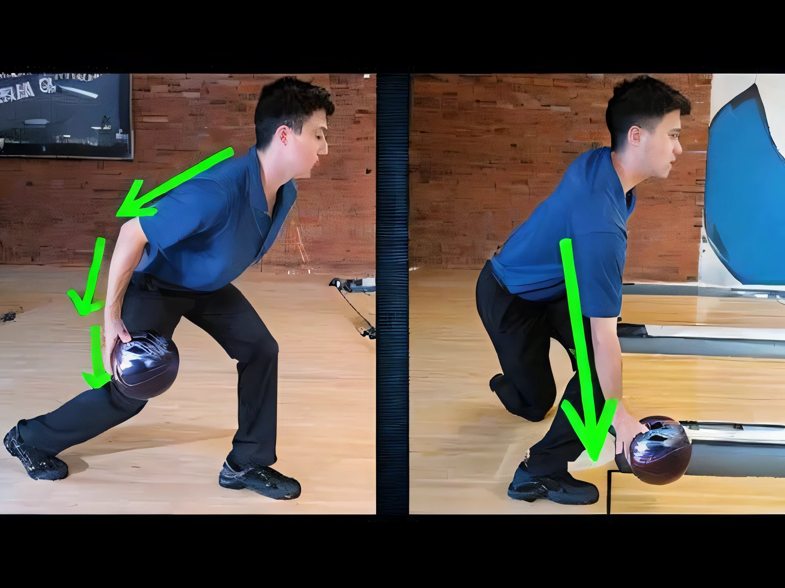 Close up of two photos of a man holding a bowling ball, Launch a straight ball, perfect dynamic posture, Mid Action Swing, bent over posture, Dynamic extreme shortening, head tilted downward, bendover posture, bent - over posture, carrying two barbells, Pull the move「Derp Banshee」, In the style of Mike Savado」, Awesome Pinterest Photos