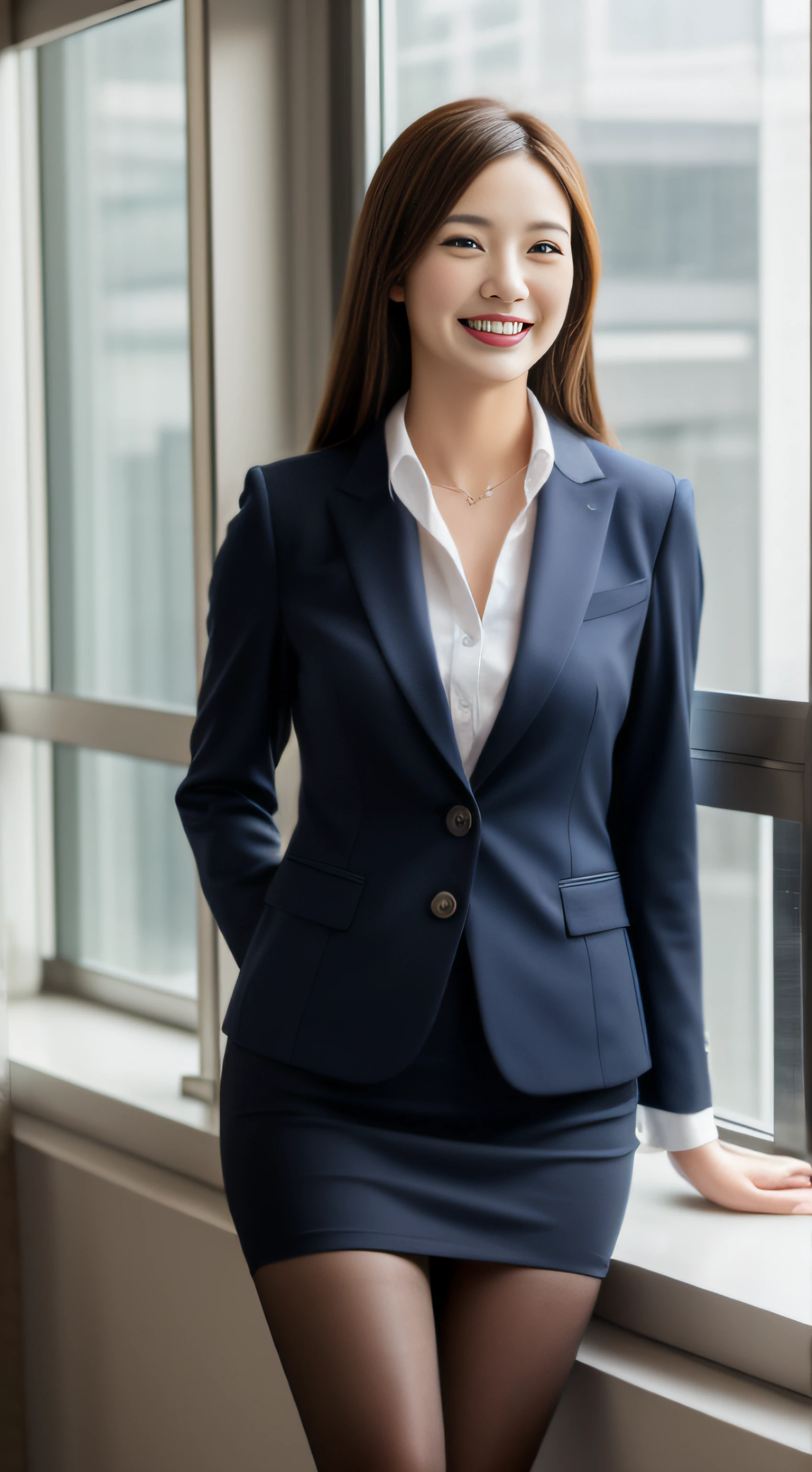 The face is a hostess、Dressed in a navy blue business suit、skirt by the、Black stockings、hiquality、A hyper-realistic、healthy、Smiling expression、Slender perfect figure、Japan beauties、beautidful eyes、face perfect、Beautiful skin、from the rear、Background is an office on a high floor、by the window