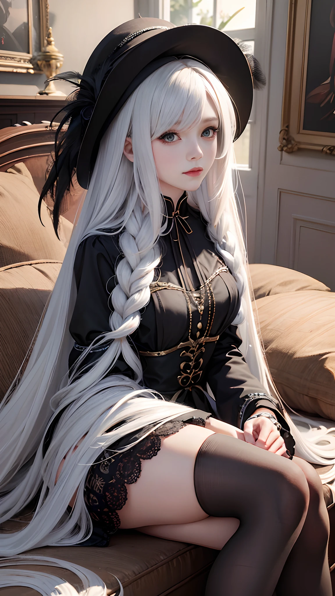 Drawing a woman with long hair and a feather hat, detailed portrait of anime girl, portrait anime girl, Artgerm. High detail, stunning anime face portrait, small breasts, digital anime art, art germ. Anime illustration, detailed digital anime art, anime girl portrait, Guvez style artwork, black clothing, realistic digital art 4k, realistic digital art 4k, realistic, aesthetic. sitting poses,