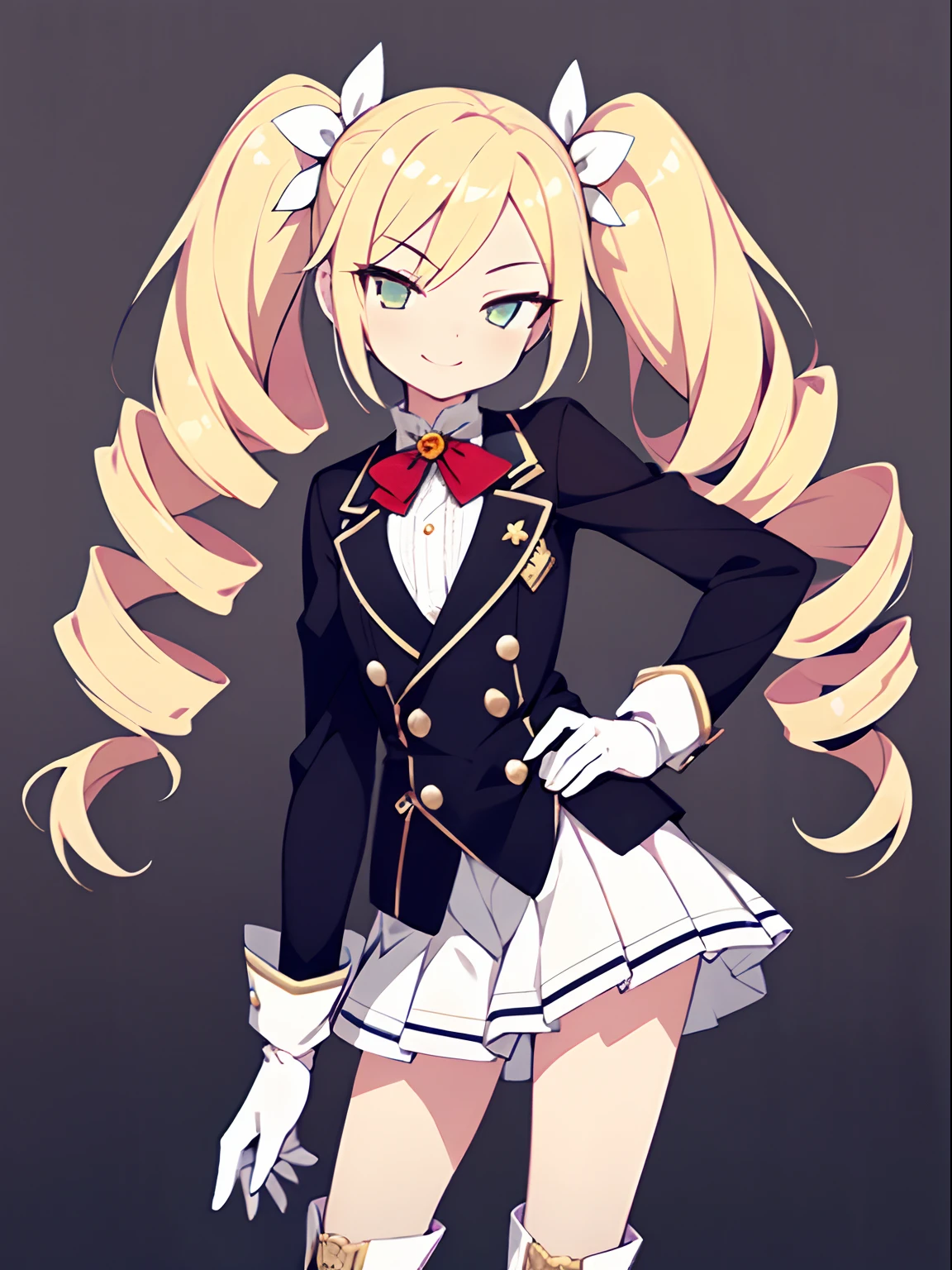 character sheet, Highly detailed and realistic CG, Colorful, Masterpiece, Best Quality, jewel-like eyes, 1girl, solo, blond hair, shiny hair, long twintails, drill hair, slender, skinny legs, white school uniform, layered skirt, luxury boots, amber eyes, flat chest, hand on hip, smirk, jitome, half-closed eyes, standing, contrapposto, tsurime, monochrome background, white gloves,