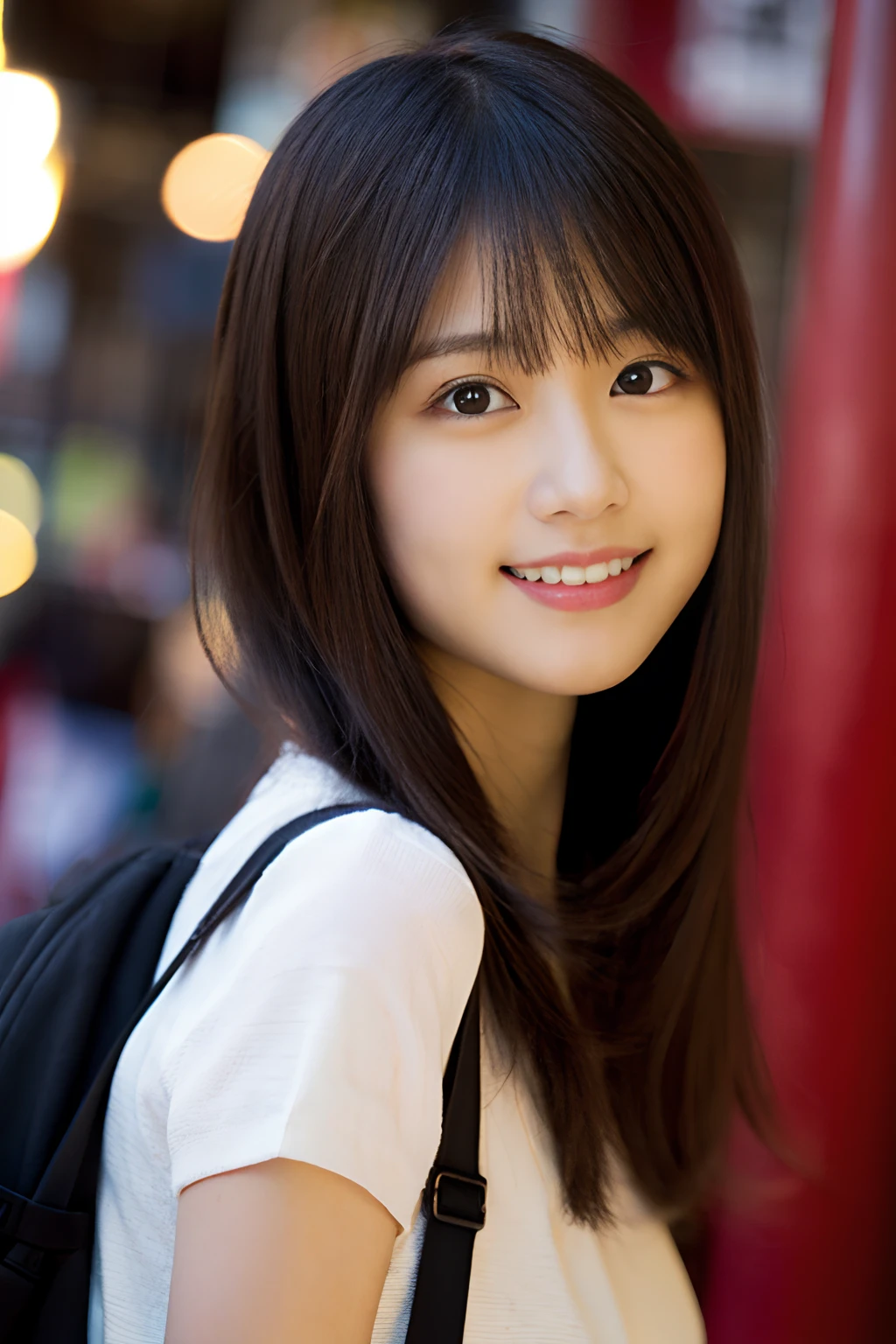 (8k、RAW Photography、top-quality、masterpiece:1.2)、(realisitic、Photorealsitic:1.37)、ultra-detailliert、超A high resolution、女の子1人、see the beholder、beautifull detailed face、a smile、Constriction、(slim waist) :1.3)、The shirt、Beautiful detailed skin、Skin texture、floated hair、profetional lighting、 (Top Gravure Idols), Incredibly absurd, (cuteness: 1.3), bangss、、