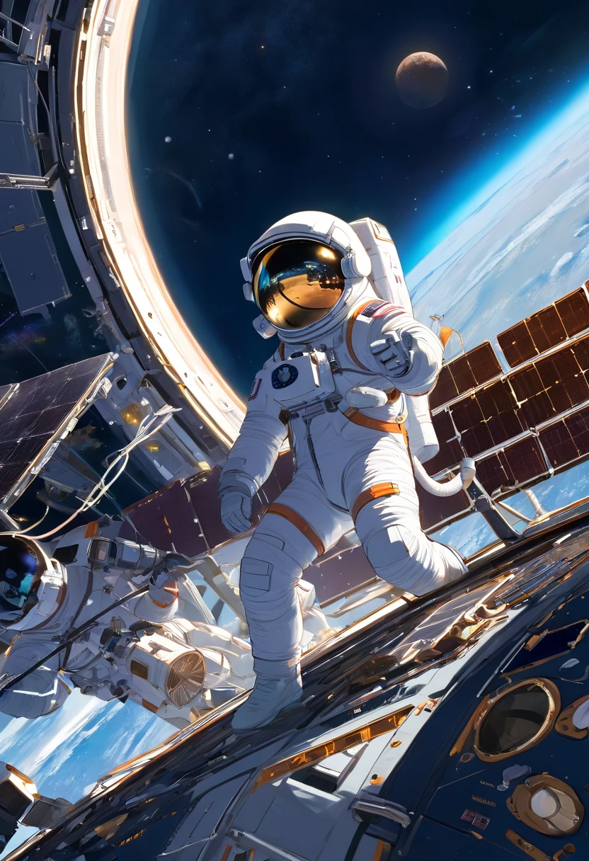 1 astronaut, helmet, space suit, (floating in zero gravity:1.2), earth, Moon, stars, Spaceship, (Reflect sunlight:0.8), Milky Way, (Distant galaxies:1.3), moons, rocket launch, (exhaust gas:0.9), space station, (Cosmic background radiation:1.1), spacewalk, (Tethered to a spacecraft:1.4), (Repair satellites:1.2), (Weightless environment:0.7), (Communication equipment:0.8), (Explore new planets:1.3), (Collect samples:1.1), solar system, (Reflection of an astronaut on a visor:0.9), (international space station:1.2), (An astronaut's perspective:1.3), (Re-entry into the atmosphere:1.4), (International cooperation:1.2), (View from inside the spacecraft:0.8), (Astronaut training:1.1), (moon landing:1.3), (Spacewalks in spacewalks):1.2), (Lunar rover:1.1), (Explore the unknown:1.4), (The shadow of an astronaut on the surface of the moon:0.9), (Floating tool:0.8), (Majestic globe landscape:1.3), (Interstellar Travel:1.2), (Astronaut badge:0.8), (Spacecraft control:1.1), (Celestial navigation:1.3), (The astronaut's visor reflects the Earth:1.2), (Space travelling:1.4), (The astronauts' spacewalk was tethered to the spacecraft:1.5).