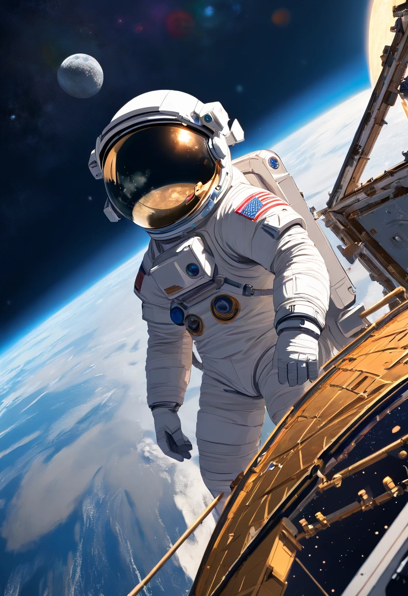 1 astronaut, helmet, space suit, (floating in zero gravity:1.2), earth, Moon, stars, Spaceship, (Reflect sunlight:0.8), Milky Way, (Distant galaxies:1.3), moons, rocket launch, (exhaust gas:0.9), space station, (Cosmic background radiation:1.1), spacewalk, (Tethered to a spacecraft:1.4), (Repair satellites:1.2), (Weightless environment:0.7), (Communication equipment:0.8), (Explore new planets:1.3), (Collect samples:1.1), solar system, (Reflection of an astronaut on a visor:0.9), (international space station:1.2), (An astronaut's perspective:1.3), (Re-entry into the atmosphere:1.4), (International cooperation:1.2), (View from inside the spacecraft:0.8), (Astronaut training:1.1), (moon landing:1.3), (Spacewalks in spacewalks):1.2), (Lunar rover:1.1), (Explore the unknown:1.4), (The shadow of an astronaut on the surface of the moon:0.9), (Floating tool:0.8), (Majestic globe landscape:1.3), (Interstellar Travel:1.2), (Astronaut badge:0.8), (Spacecraft control:1.1), (Celestial navigation:1.3), (The astronaut's visor reflects the Earth:1.2), (Space travelling:1.4), (The astronauts' spacewalk was tethered to the spacecraft:1.5).