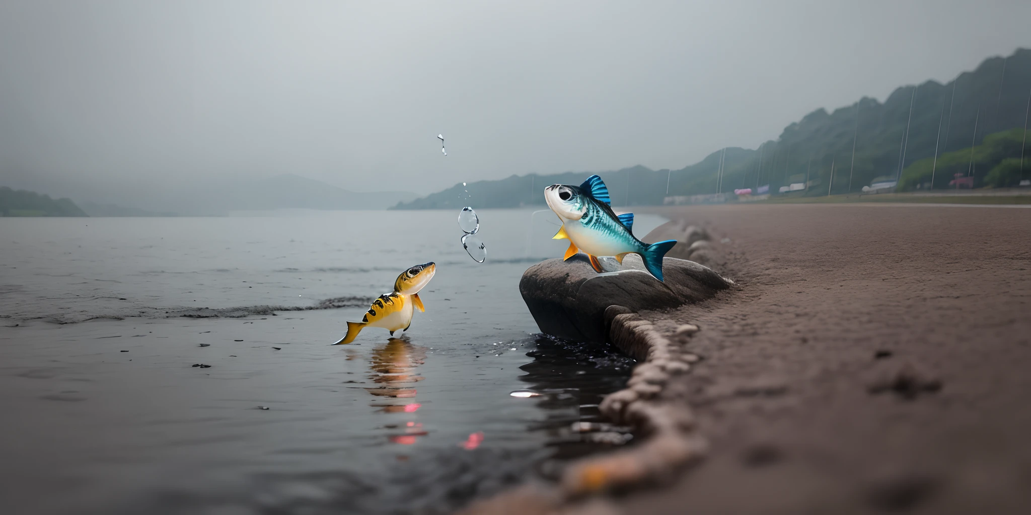 Light rain fell on the lake，The little fish opened its mouth to catch the rain。