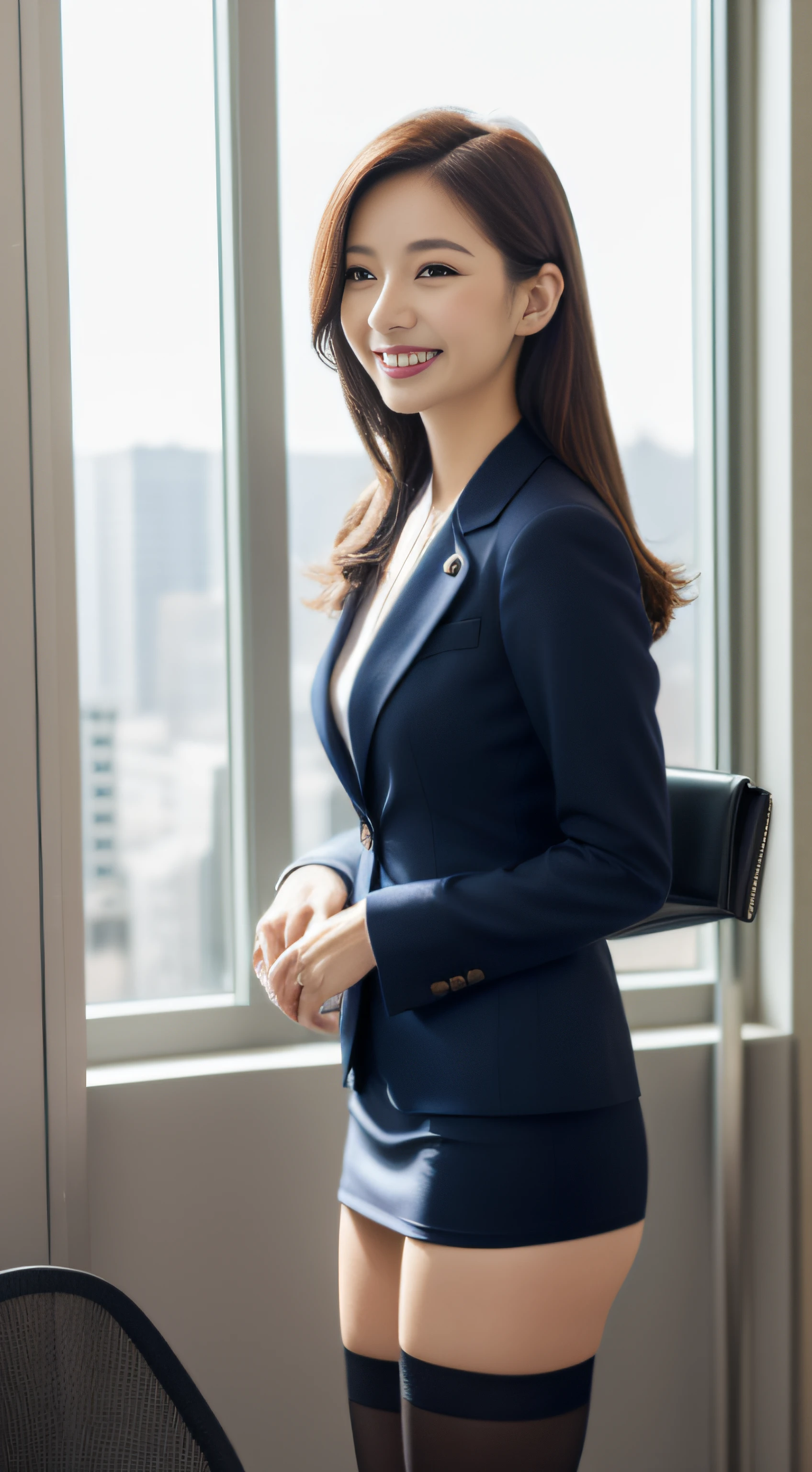 The face is a hostess、Dressed in a navy blue business suit、skirt by the、Black stockings、hiquality、A hyper-realistic、healthy、Smiling expression、Slender perfect figure、Japan beauties、beautidful eyes、face perfect、Beautiful skin、from the rear、Background is an office on a high floor、by the window