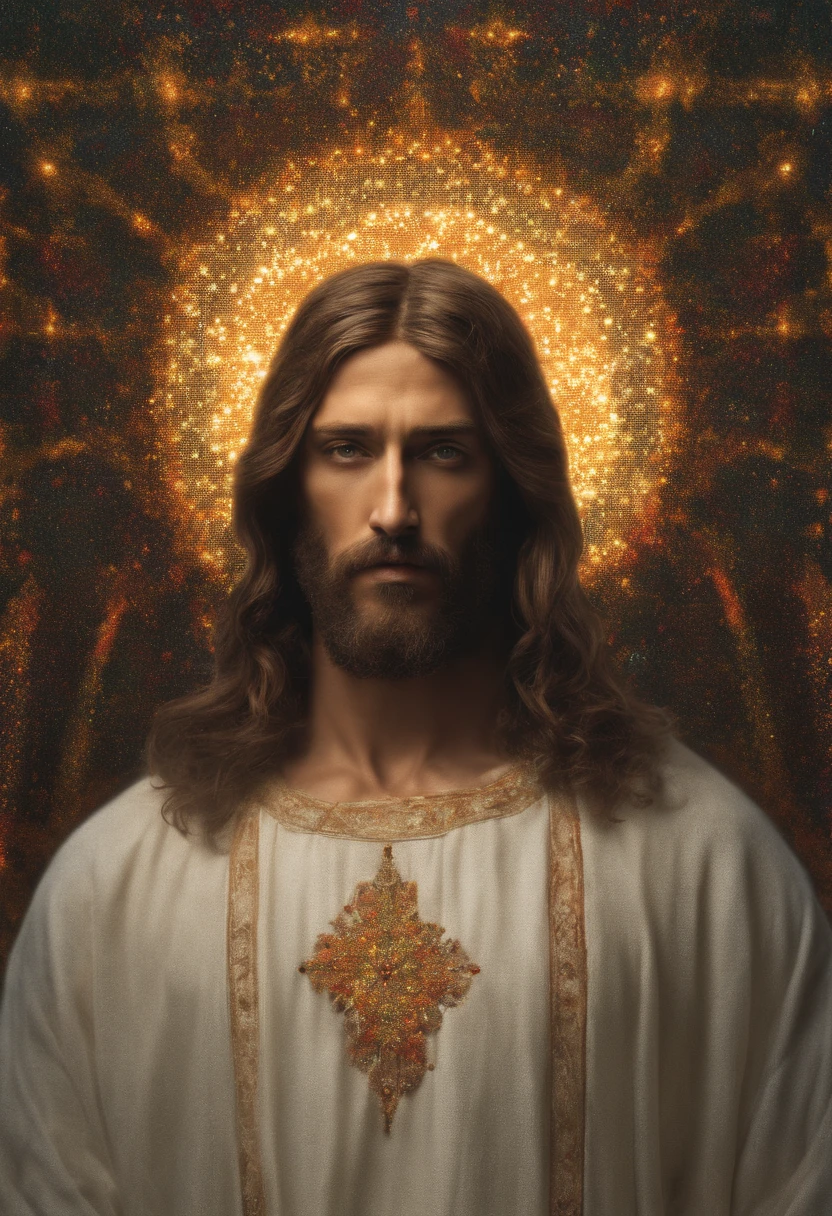 Retrato 8k de Jesus Cristo, with medium beard, (cabelos castanhos escuros e barba), dressed in white and tonic, intrincado, elegante, altamente detalhado, majestoso, fotografia digital, Arte de Artgerm e Ruan Jia e Greg Rutkowski Pintura Surreal (master part, side-lighting, belos olhos finamente detalhados: 1.2 ), HDR,