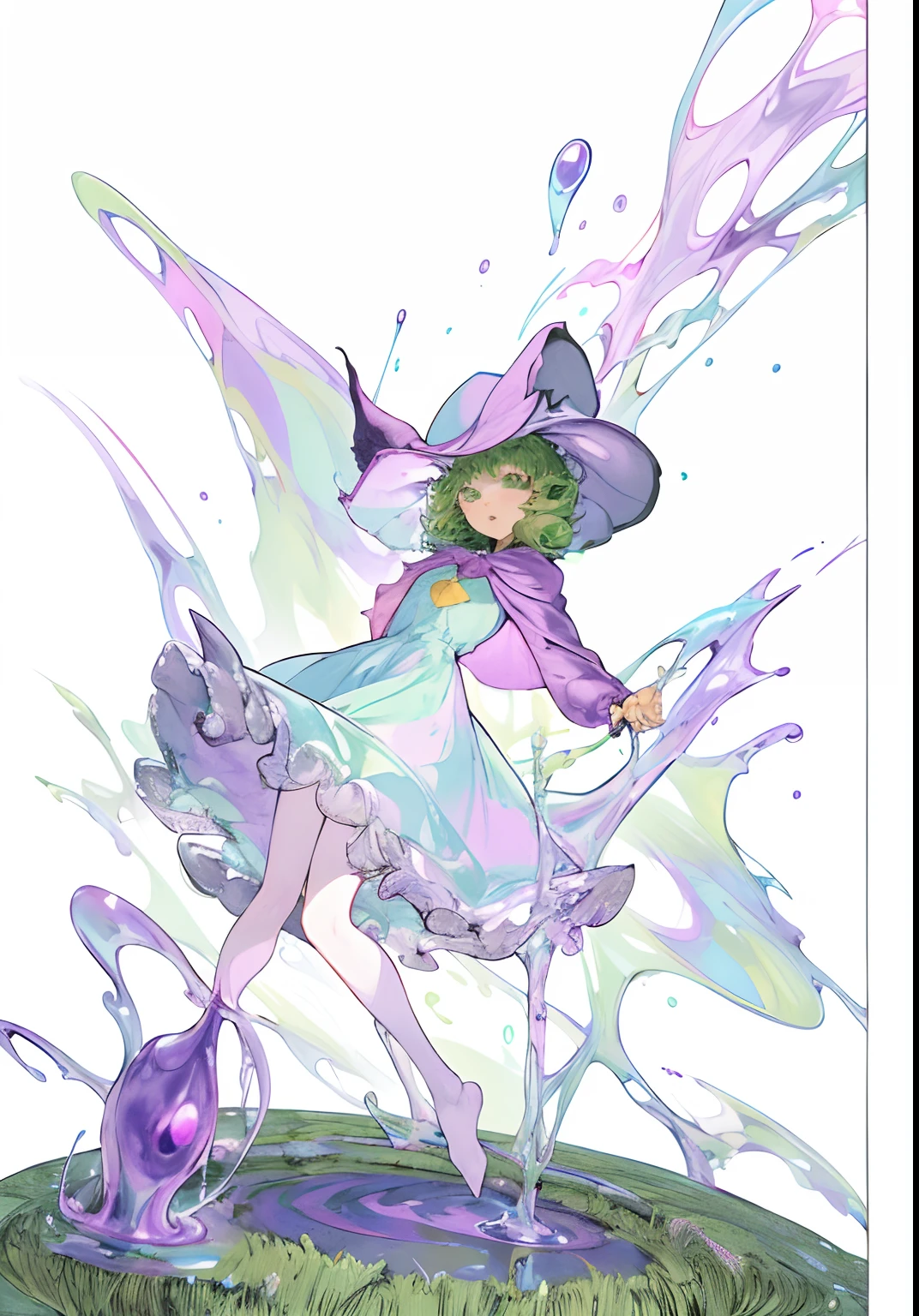 (masterpiece), best quality, expressive eyes, perfect face, full body photo, vivid colors, vivid background,
((schierke berserk))
Petite body, small breast,
(green eyes), green hair, purple cloak, purple witch hat, blue and shiny liquid liftong from pool, magic aura surrounding model