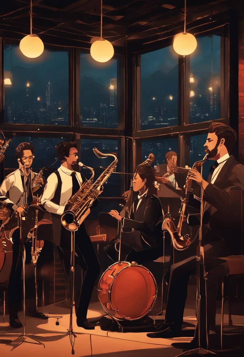 Anime scene of a band playing music in a jazz club, Quinteto de jazz