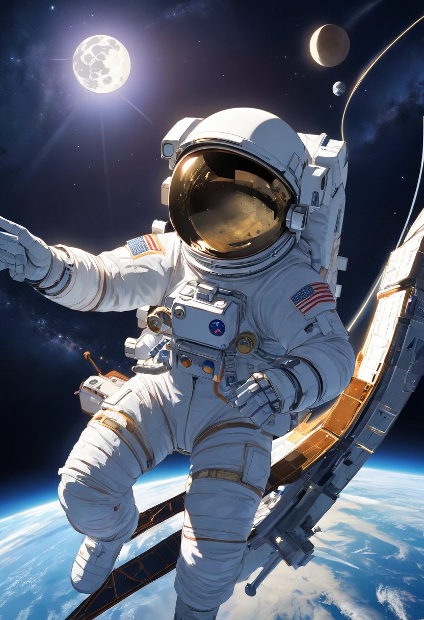 1 astronaut, helmet, space suit, (floating in zero gravity:1.2), earth, Moon, stars, Spaceship, (Reflect sunlight:0.8), Milky Way, (Distant galaxies:1.3), moons, rocket launch, (exhaust gas:0.9), space station, (Cosmic background radiation:1.1), spacewalk, (Tethered to a spacecraft:1.4), (Repair satellites:1.2), (Weightless environment:0.7), (Communication equipment:0.8), (Explore new planets:1.3), (Collect samples:1.1), solar system, (Reflection of an astronaut on a visor:0.9), (international space station:1.2), (An astronaut's perspective:1.3), (Re-entry into the atmosphere:1.4), (International cooperation:1.2), (View from inside the spacecraft:0.8), (Astronaut training:1.1), (moon landing:1.3), (Spacewalks in spacewalks):1.2), (Lunar rover:1.1), (Explore the unknown:1.4), (The shadow of an astronaut on the surface of the moon:0.9), (Floating tool:0.8), (Majestic globe landscape:1.3), (Interstellar Travel:1.2), (Astronaut badge:0.8), (Spacecraft control:1.1), (Celestial navigation:1.3), (The astronaut's visor reflects the Earth:1.2), (Space travelling:1.4), (The astronauts' spacewalk was tethered to the spacecraft:1.5).