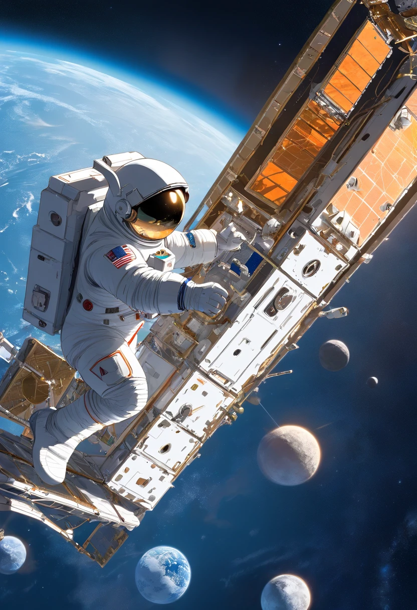 1 astronaut, helmet, space suit, (floating in zero gravity:1.2), earth, Moon, stars, Spaceship, (Reflect sunlight:0.8), Milky Way, (Distant galaxies:1.3), moons, rocket launch, (exhaust gas:0.9), space station, (Cosmic background radiation:1.1), spacewalk, (Tethered to a spacecraft:1.4), (Repair satellites:1.2), (Weightless environment:0.7), (Communication equipment:0.8), (Explore new planets:1.3), (Collect samples:1.1), solar system, (Reflection of an astronaut on a visor:0.9), (international space station:1.2), (An astronaut's perspective:1.3), (Re-entry into the atmosphere:1.4), (International cooperation:1.2), (View from inside the spacecraft:0.8), (Astronaut training:1.1), (moon landing:1.3), (Spacewalks in spacewalks):1.2), (Lunar rover:1.1), (Explore the unknown:1.4), (The shadow of an astronaut on the surface of the moon:0.9), (Floating tool:0.8), (Majestic globe landscape:1.3), (Interstellar Travel:1.2), (Astronaut badge:0.8), (Spacecraft control:1.1), (Celestial navigation:1.3), (The astronaut's visor reflects the Earth:1.2), (Space travelling:1.4), (The astronauts' spacewalk was tethered to the spacecraft:1.5).