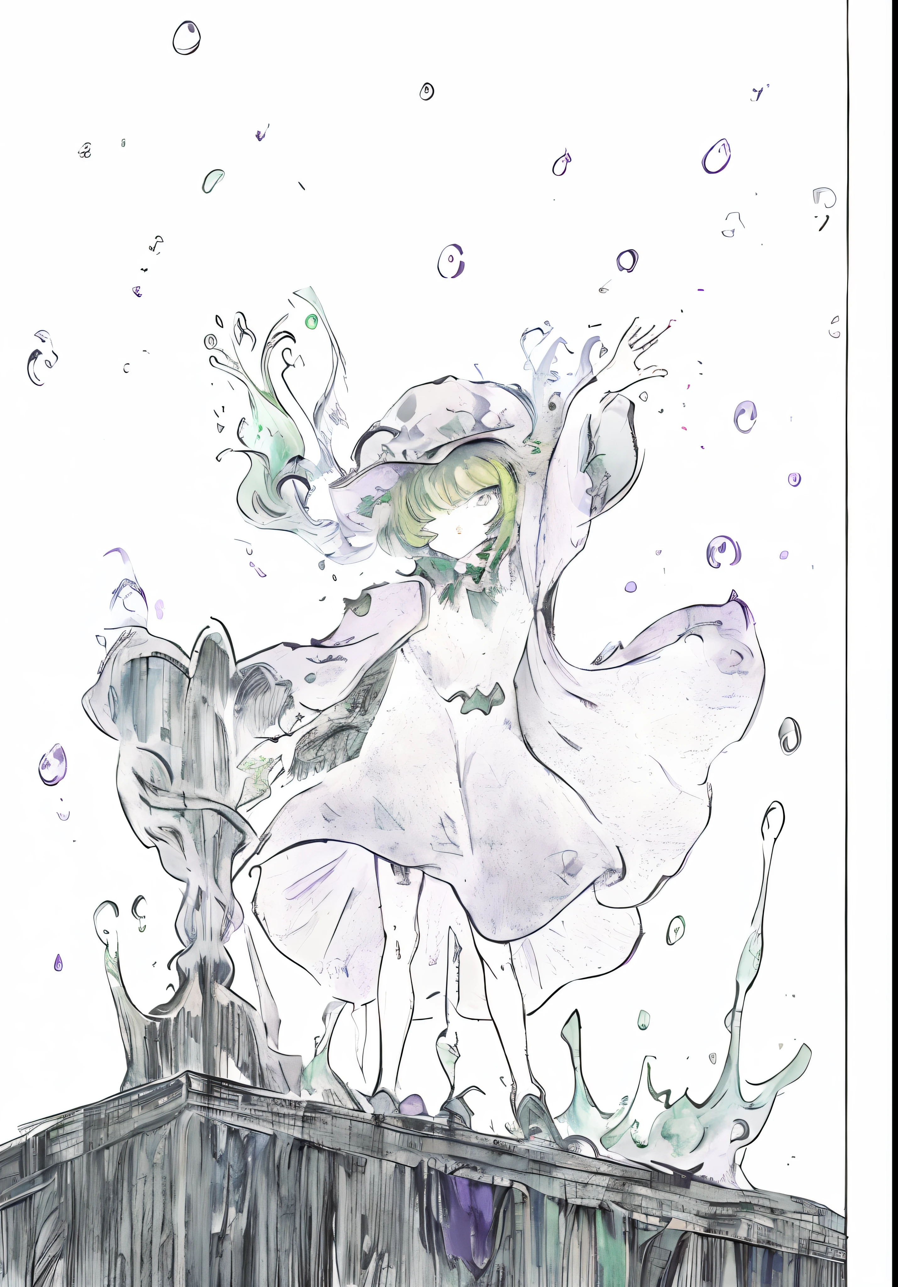 (masterpiece), best quality, expressive eyes, perfect face, full body photo, vivid colors, vivid background,
((schierke berserk))
(green eyes), green hair, purple cloak, purple witch hat, blue and shiny liquid liftong from pool, magic aura surrounding model