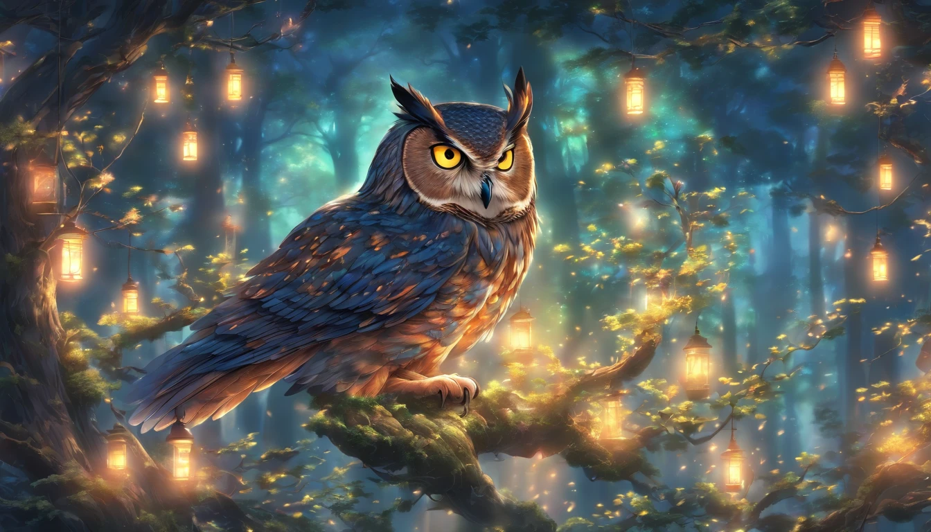 (an owl) in the (mysterious misty forest:1.1) at midnight, (best quality,photo-realistic:1.37) [forest], with (ultra-detailed) trees and (vibrant) foliage, (dappled) with (soft moonlight:1.1). The owl has (piercing yellow eyes,sharp eyes) that (glimmer:1.1) in the (moonlight:1.1) [owl]. Its (feathers) are (exquisitely detailed) with (intricate patterns), reflecting the (subtle) shades of the forest. The (ethereal) mist wraps around the (gnarled branches), creating an (atmosphere of mystery and enchantment).