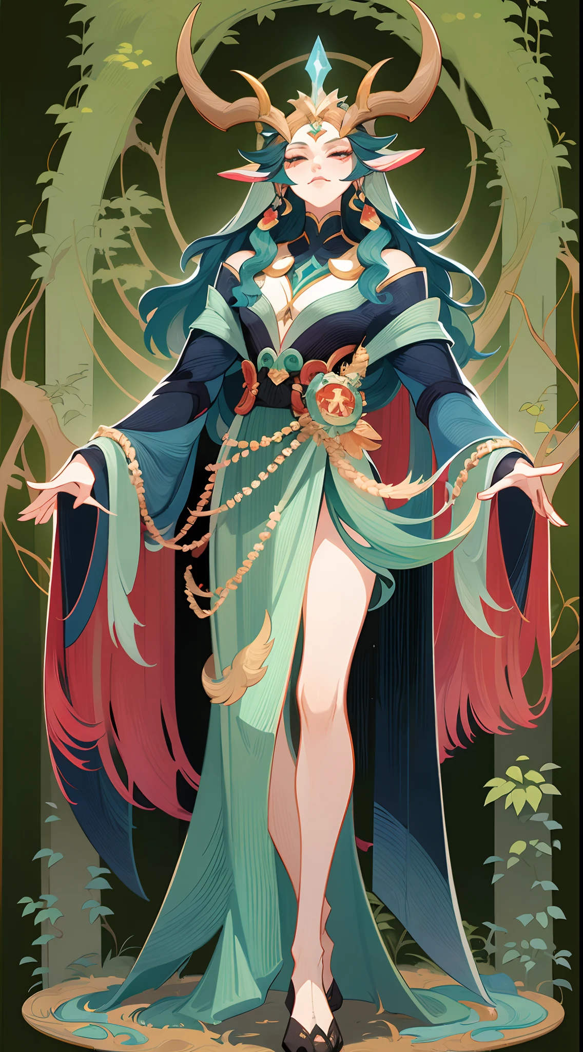 1 Beautiful goddess, nature druid, fantasy concept art, deer antlers, a druid, God of the forest, Onmyoji detailed art, dota character, style of duelyst, standing full-body,Solo, (tmasterpiece,top Quority,best qualtiy,超高分辨率,Clear facial features)