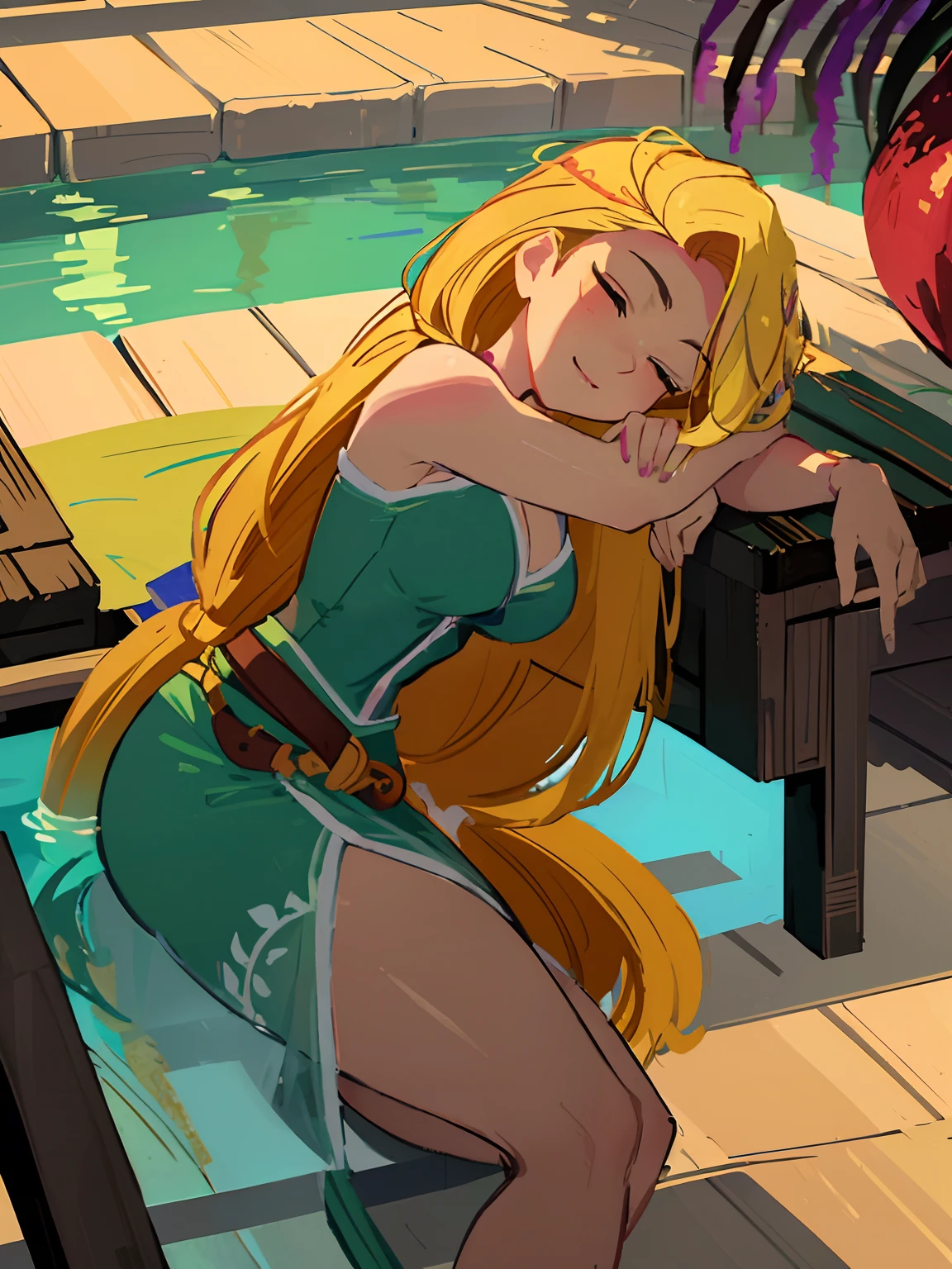 (masterpiece, best quality, high resolution: 1.5) rapunzel, relaxing on her back, sleeping, laying in pool, green island outfit, (loose hair: 1.9), wet skin, great smile, green eyes, arms laid at Rapunzel's side