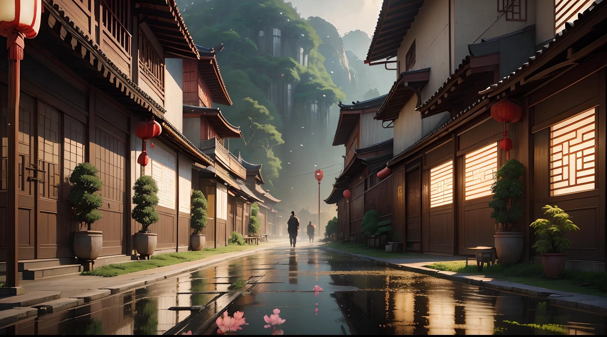 backgroun)), (bamboo road), (Chinese style), (real and anime style), cinematic lighting, depth of field, depth of field, depth of field, depth of field, depth of field, ray tracing, reflection light, masterpiece, high details, high quality, 1080P, HD, best quality, highres