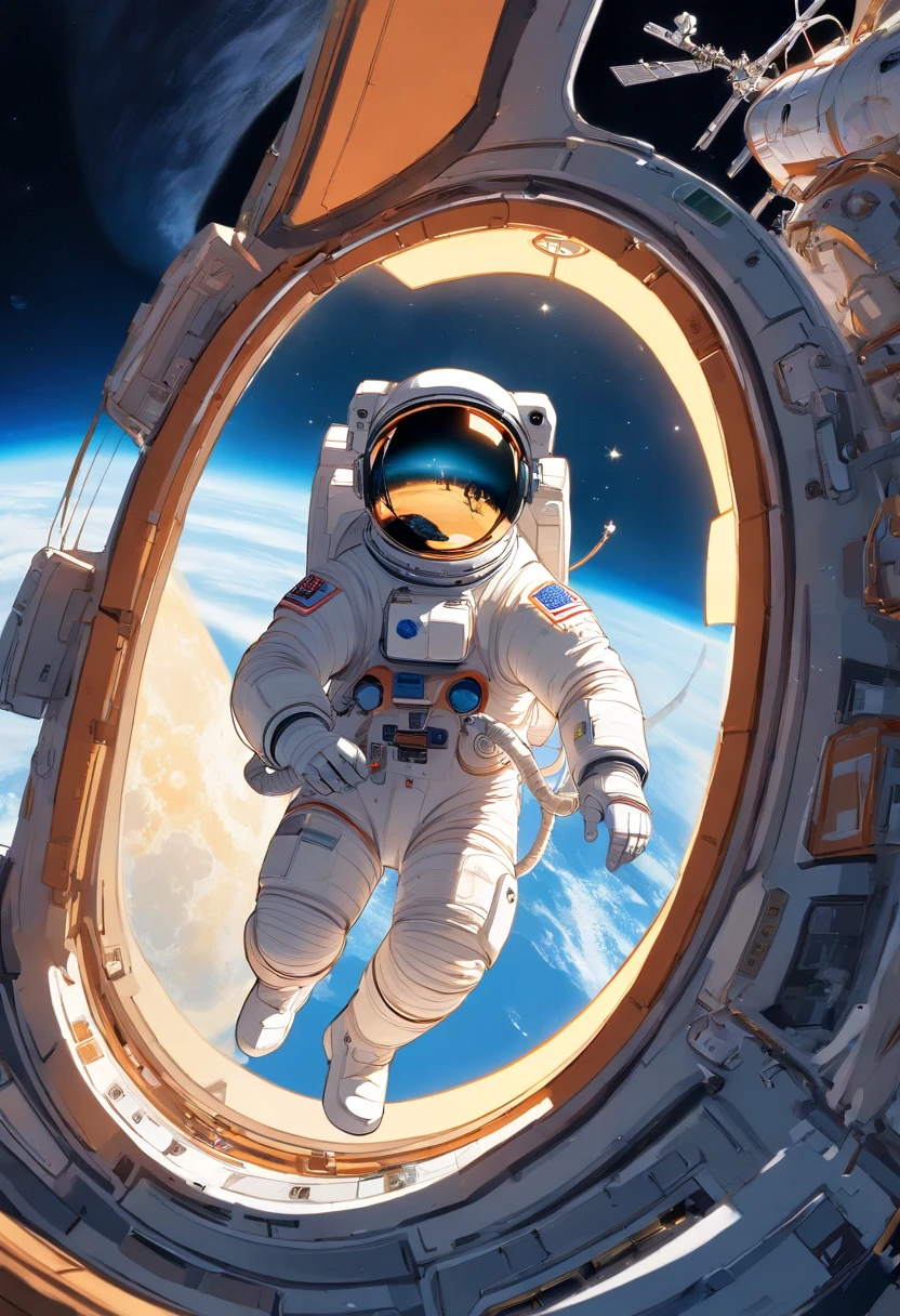 1 astronaut, helmet, space suit, (floating in zero gravity:1.2), earth, Moon, stars, Spaceship, (Reflect sunlight:0.8), Milky Way, (Distant galaxies:1.3), moons, rocket launch, (exhaust gas:0.9), space station, (Cosmic background radiation:1.1), spacewalk, (Tethered to a spacecraft:1.4), (Repair satellites:1.2), (Weightless environment:0.7), (Communication equipment:0.8), (Explore new planets:1.3), (Collect samples:1.1), solar system, (Reflection of an astronaut on a visor:0.9), (international space station:1.2), (An astronaut's perspective:1.3), (Re-entry into the atmosphere:1.4), (International cooperation:1.2), (View from inside the spacecraft:0.8), (Astronaut training:1.1), (moon landing:1.3), (Spacewalks in spacewalks):1.2), (Lunar rover:1.1), (Explore the unknown:1.4), (The shadow of an astronaut on the surface of the moon:0.9), (Floating tool:0.8), (Majestic globe landscape:1.3), (Interstellar Travel:1.2), (Astronaut badge:0.8), (Spacecraft control:1.1), (Celestial navigation:1.3), (The astronaut's visor reflects the Earth:1.2), (Space travelling:1.4), (The astronauts' spacewalk was tethered to the spacecraft:1.5).