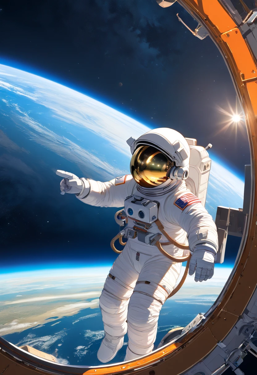 1 astronaut, helmet, space suit, (floating in zero gravity:1.2), earth, Moon, stars, Spaceship, (Reflect sunlight:0.8), Milky Way, (Distant galaxies:1.3), moons, rocket launch, (exhaust gas:0.9), space station, (Cosmic background radiation:1.1), spacewalk, (Tethered to a spacecraft:1.4), (Repair satellites:1.2), (Weightless environment:0.7), (Communication equipment:0.8), (Explore new planets:1.3), (Collect samples:1.1), solar system, (Reflection of an astronaut on a visor:0.9), (international space station:1.2), (An astronaut's perspective:1.3), (Re-entry into the atmosphere:1.4), (International cooperation:1.2), (View from inside the spacecraft:0.8), (Astronaut training:1.1), (moon landing:1.3), (Spacewalks in spacewalks):1.2), (Lunar rover:1.1), (Explore the unknown:1.4), (The shadow of an astronaut on the surface of the moon:0.9), (Floating tool:0.8), (Majestic globe landscape:1.3), (Interstellar Travel:1.2), (Astronaut badge:0.8), (Spacecraft control:1.1), (Celestial navigation:1.3), (The astronaut's visor reflects the Earth:1.2), (Space travelling:1.4), (The astronauts' spacewalk was tethered to the spacecraft:1.5).