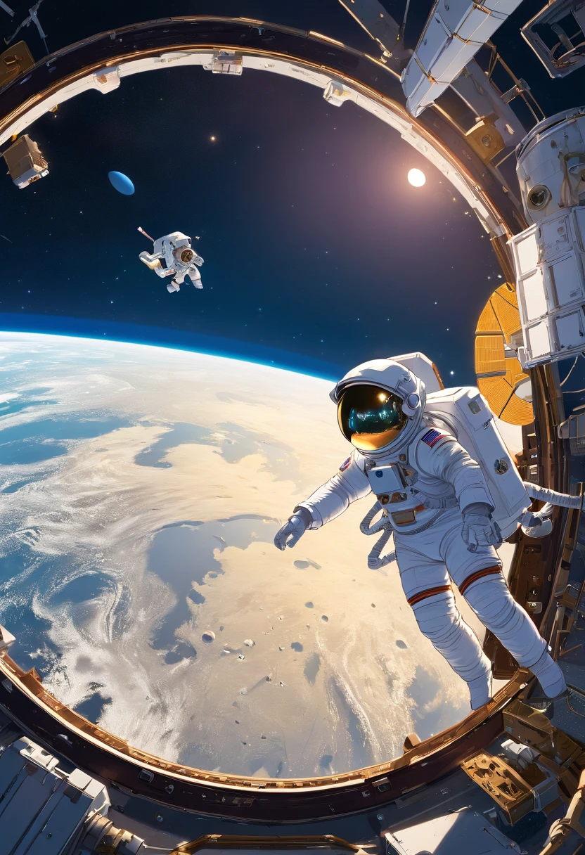 1 astronaut, helmet, space suit, (floating in zero gravity:1.2), earth, Moon, stars, Spaceship, (Reflect sunlight:0.8), Milky Way, (Distant galaxies:1.3), moons, rocket launch, (exhaust gas:0.9), space station, (Cosmic background radiation:1.1), spacewalk, (Tethered to a spacecraft:1.4), (Repair satellites:1.2), (Weightless environment:0.7), (Communication equipment:0.8), (Explore new planets:1.3), (Collect samples:1.1), solar system, (Reflection of an astronaut on a visor:0.9), (international space station:1.2), (An astronaut's perspective:1.3), (Re-entry into the atmosphere:1.4), (International cooperation:1.2), (View from inside the spacecraft:0.8), (Astronaut training:1.1), (moon landing:1.3), (Spacewalks in spacewalks):1.2), (Lunar rover:1.1), (Explore the unknown:1.4), (The shadow of an astronaut on the surface of the moon:0.9), (Floating tool:0.8), (Majestic globe landscape:1.3), (Interstellar Travel:1.2), (Astronaut badge:0.8), (Spacecraft control:1.1), (Celestial navigation:1.3), (The astronaut's visor reflects the Earth:1.2), (Space travelling:1.4), (The astronauts' spacewalk was tethered to the spacecraft:1.5).