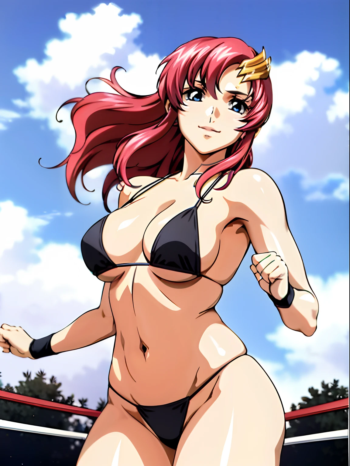(masterpiece, far view, 4K, Best Quality, Anime style: 1.9,, Adult Woman, ultra detailed face, (cloud background), Drawing lines, high resolution, Anime, lacus4), 1girl, Solo, curvy figure, Long hair, 鎖骨, scapular, (Detailed wide hair bangs, Hair Ornament, Detailed reddish-pink hair, golden crest), cleavage, large hands, (female wrestler). (Big blue eyes, shiny eyes), ((female wrestler, little biceps, slender body, broad shoulders, closed fists)), ((perfect proportions, medium breasts, long belly)), (((micro bikini, pink wrestling gear, champion))), happy, smile, , (belly dancing, looking at the viewer), , showing off underarm, (elegant lady), random pose,