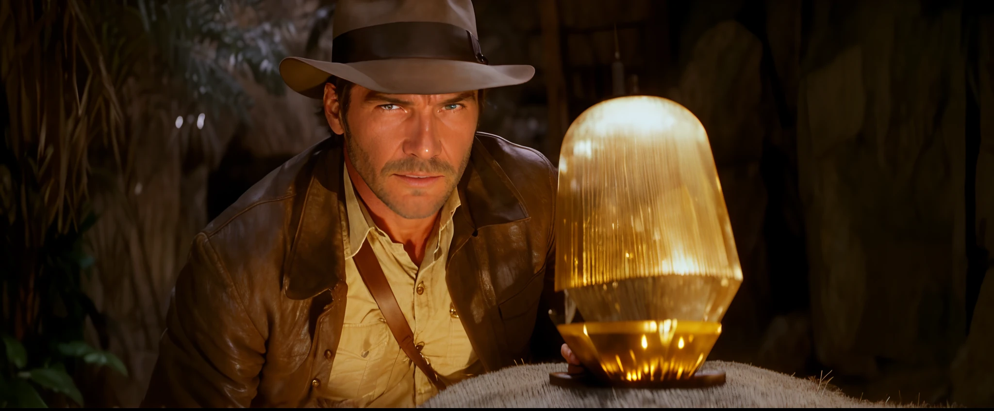 arafed man in a hat looking at a gold object, raiders of the lost ark, indiana jones, harrison ford from indiana jone, iconic film character, 4k movie still, 4 k movie still, 4k still, still from a live action movie, harrison ford, hq 4k wallpaper, in holograms of alien artifacts, holographic artifacts